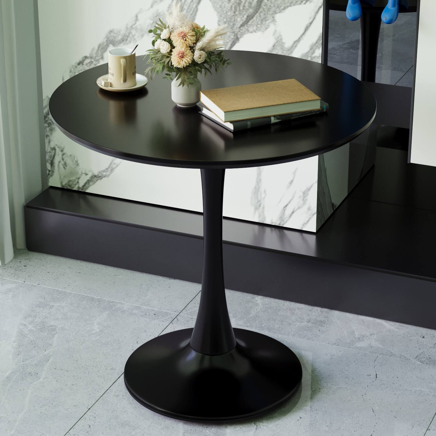 Alt View 7. Ecooso - Coffee Table Round Tulip Style Dining Table for 2-4 People with Pedestal Base and MDF Top, Mid-Century Design - Black.