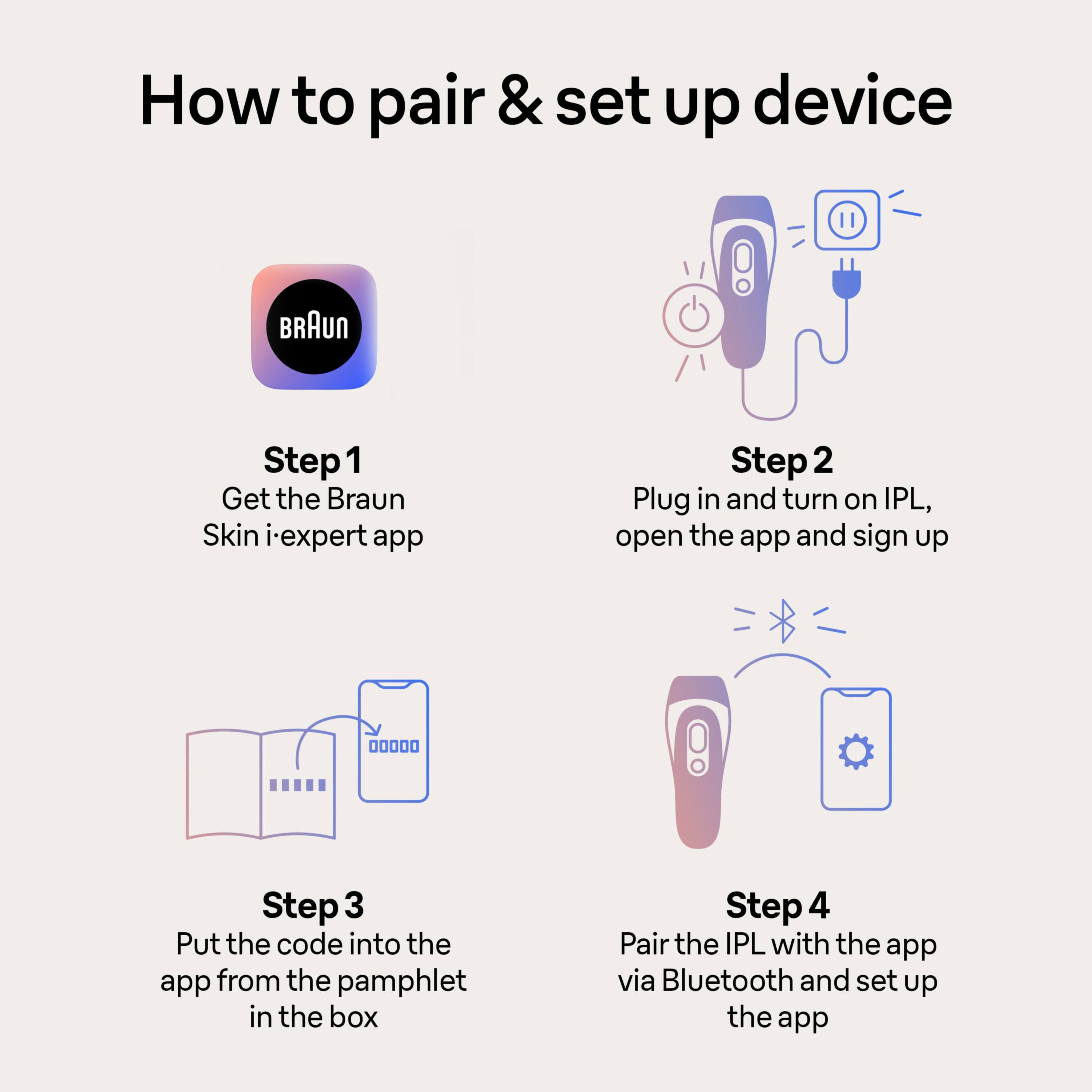 How to pair & set up device BRAUN Step 1 Get the Braun Skin i-expert app Step 2 Plug in and turn on IPL, open the app and sign up Step 3 Put the code into the app from the pamphlet in the box Step 4 Pair the IPL with the app via Bluetooth and set up the app