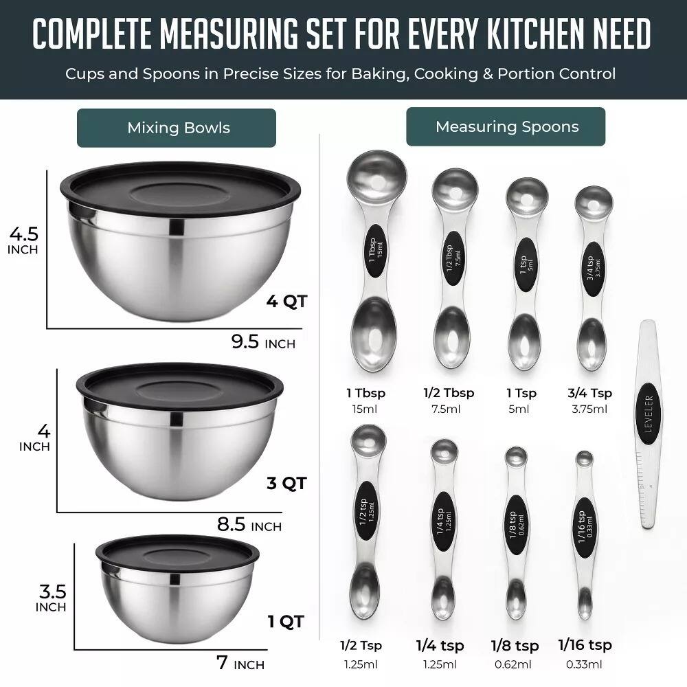 COMPLETE MEASURING SET FOR EVERY KITCHEN NEED  
Cups and Spoons in Precise Sizes for Baking, Cooking & Portion Control

Mixing Bowls  
4.5 INCH  
4 QT  
9.5 INCH  
4 INCH  
3 QT  
8.5 INCH  
3.5 INCH  
1 QT  
7 INCH

Measuring Spoons  
1 Tbsp 15ml  
1/2 Tbsp 7.5ml  
1 Tsp 5ml  
3/4 Tsp 3.75ml  
1/2 Tsp 1.25ml  
1/4 tsp 1.25ml  
1/8 tsp 0.62ml  
1/16 tsp 0.33ml

LEVELER