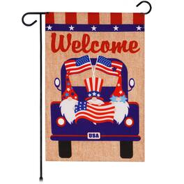 G128 - Garden Flag Patriotic Gnomes in Truck USA Design 12x18 in Burlap - Assorted Colors