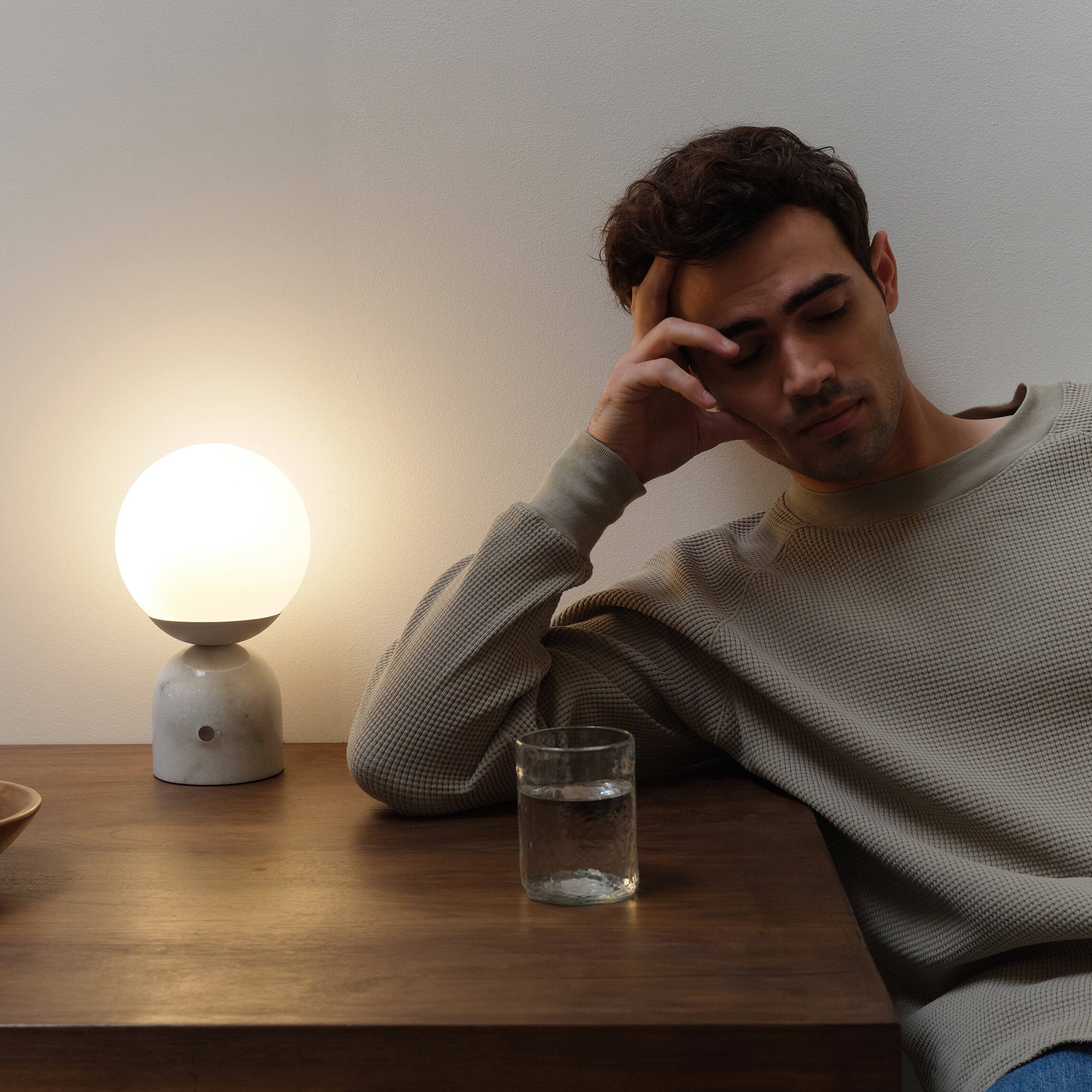 Back. Brightech - Mila LED Modern Contemporary Round Globe Dimmable Bedside Nightstand Desk Lamp with Frosted White Glass Shade - Glossy White Marble.