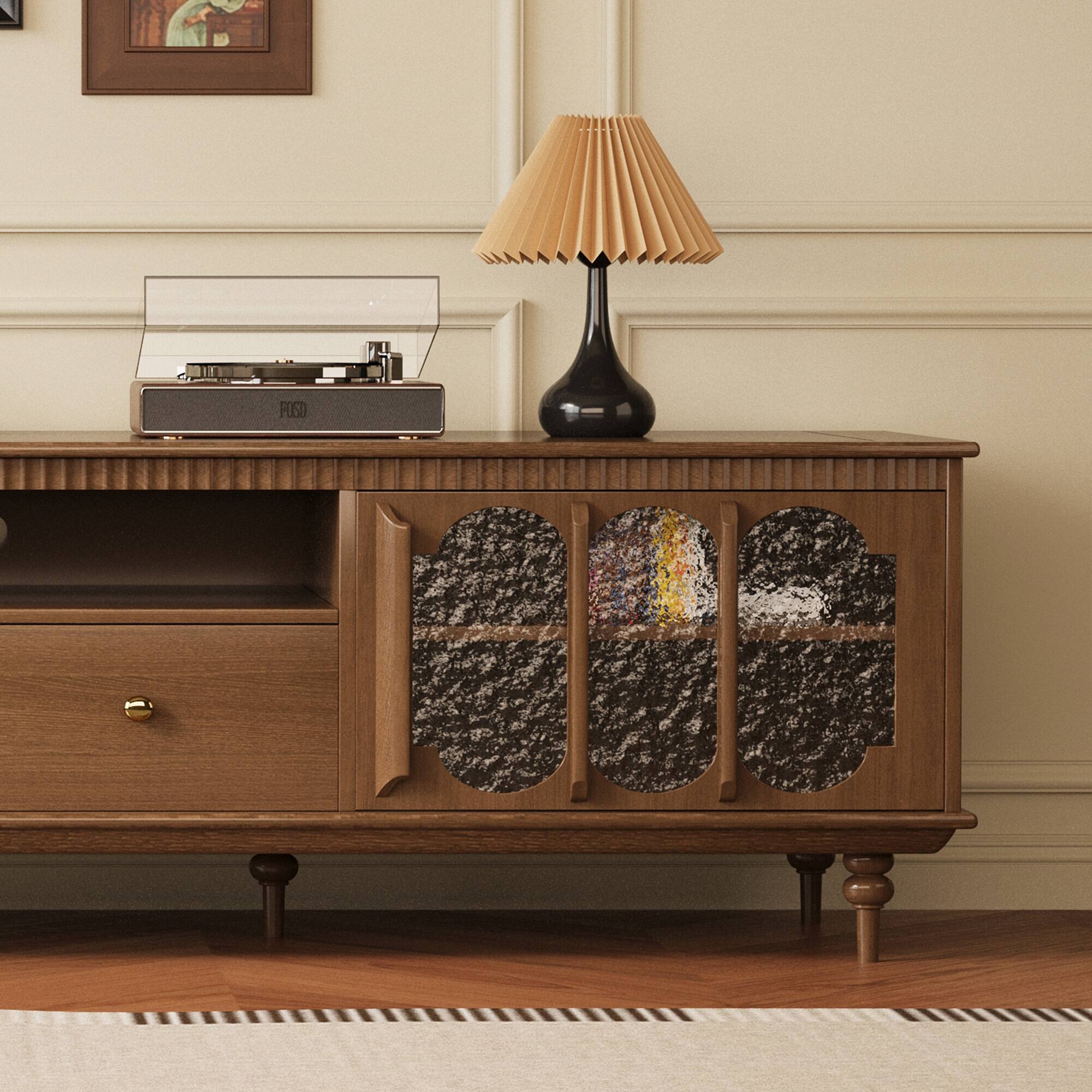 Alt View 1. luck idea - 78.74" TV Stand with Large Storage Drawers, Metal Handles & Solid Wood Legs - Walnut Color.