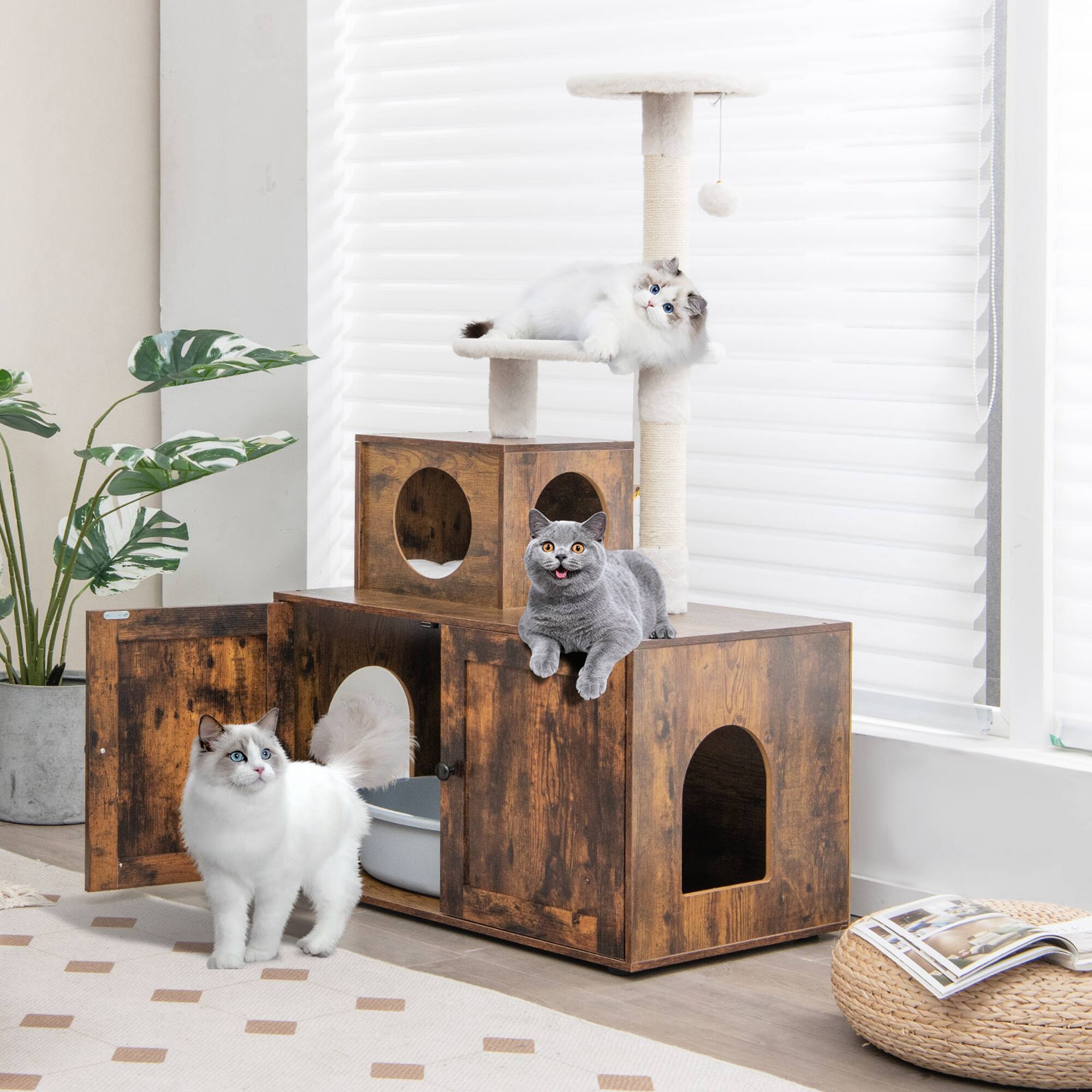 Alt View 3. Costway - Costway 2-in-1 Wooden Litter Box Enclosure with Cat Tree Hidden Washroom Furniture - Rustic Brown.