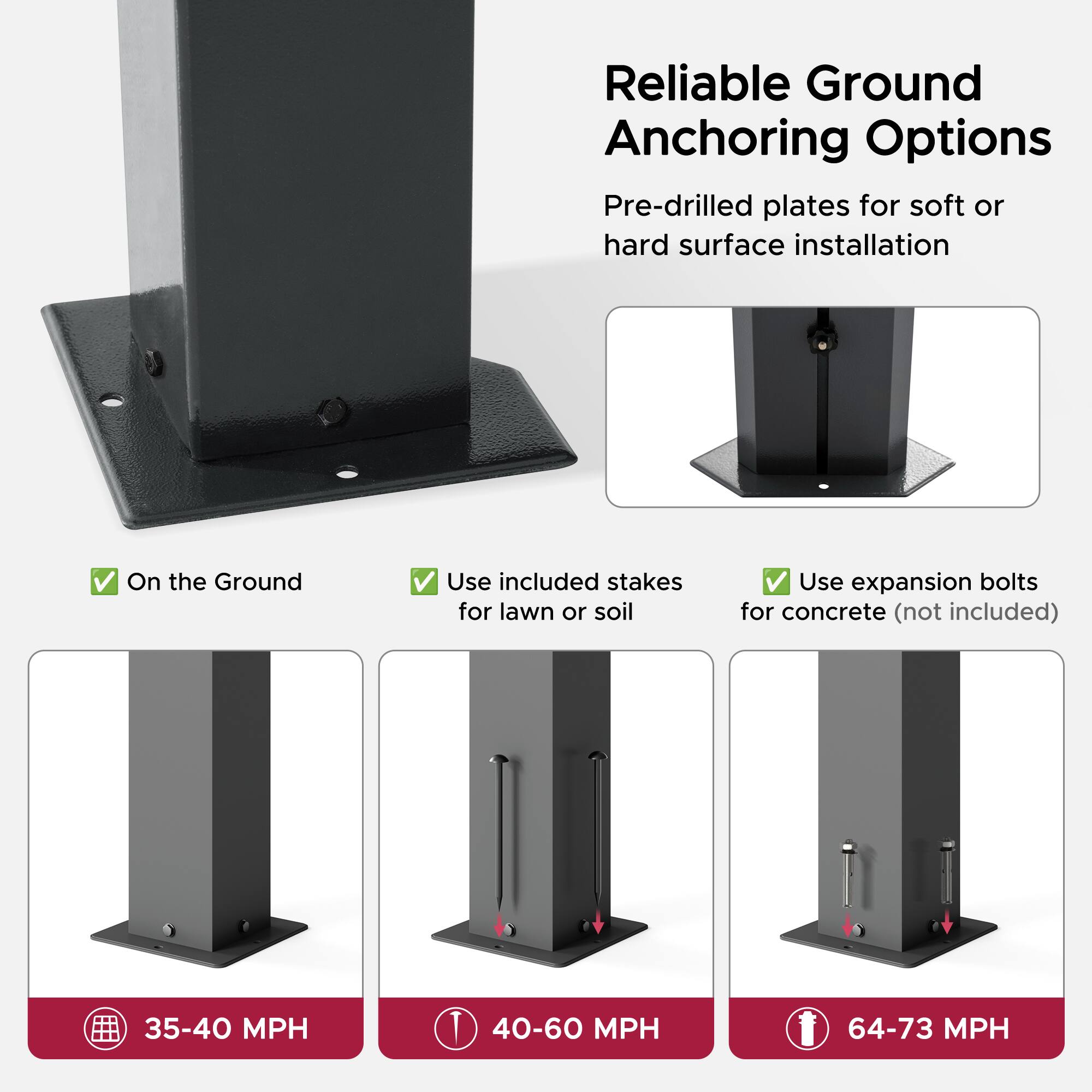 Reliable Ground Anchoring Options

Pre-drilled plates for soft or hard surface installation

- On the Ground
- Use included stakes for lawn or soil
- Use expansion bolts for concrete (not included)

35-40 MPH  
40-60 MPH  
64-73 MPH
