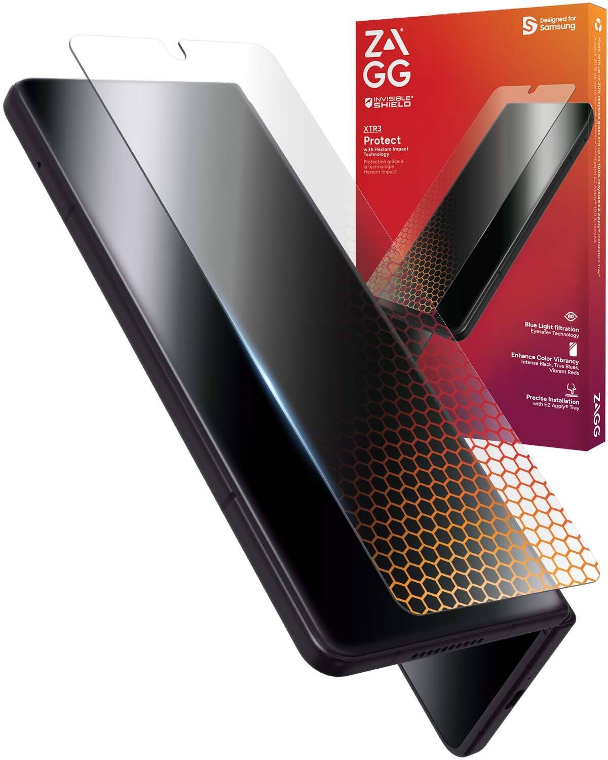 ZAGG INVISIBLE SHIELD  
Designed for Samsung XTR3  

Protect with Hesiom Impact Technology  
Protection against Hesiom Impact  

Blue Light filtration Technology  
Enhance Color Vibrancy  
Intense Black, True Blues, Vibrant Reds  

Precise Installation with EZ Apply Tray  

ZAGG