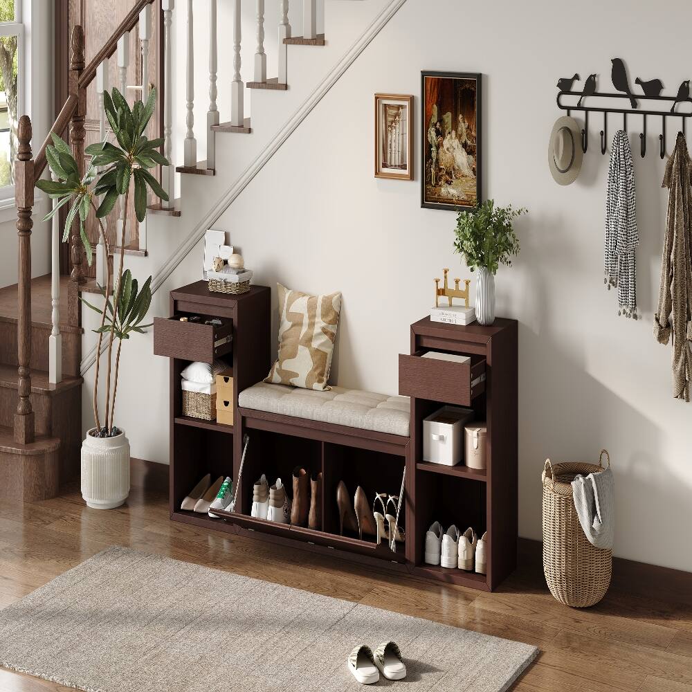 Angle. Ropilly - Ropilly Espresso Entryway Storage Bench with Cushion Drawers and Open Shelves Wood Mudroom Shoe Bench for Hallway - Espresso.