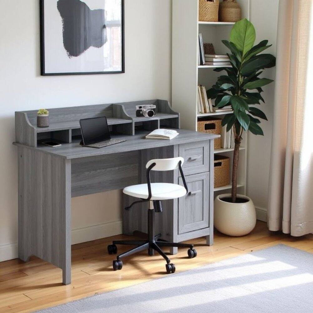 Alt View 2. FurniFact - Wood Desk with Drawer, Door and 6 Shelves, Gray Office Writing Desk with Storage - Gray.