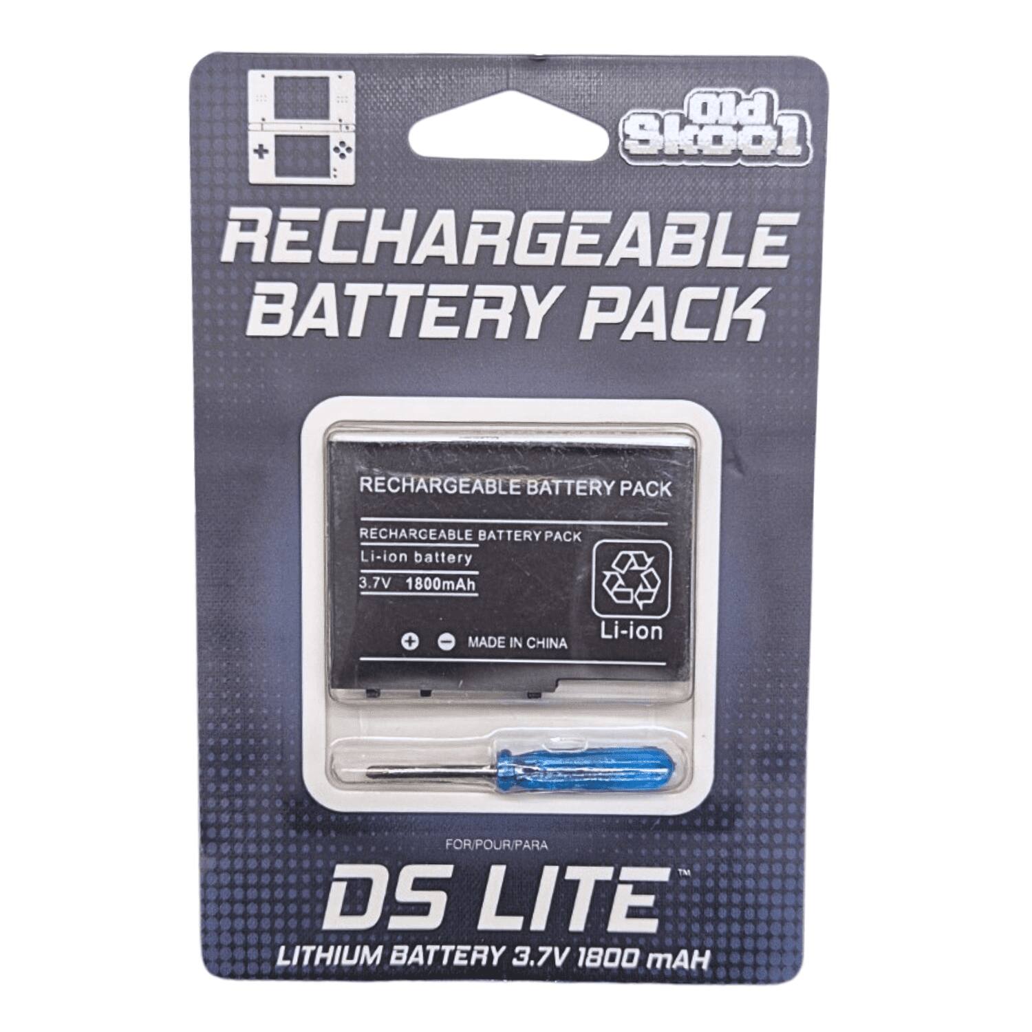 Old Skool RECHARGEABLE BATTERY PACK  
RECHARGEABLE BATTERY PACK  
RECHARGEABLE BATTERYPACK Li-ion battery 3.7V 1800mAh  
Li-ion MADE IN CHINA  
FOR/POUR/PARA DS LITE LITHIUM BATTERY 3.7V 1800 mAh
