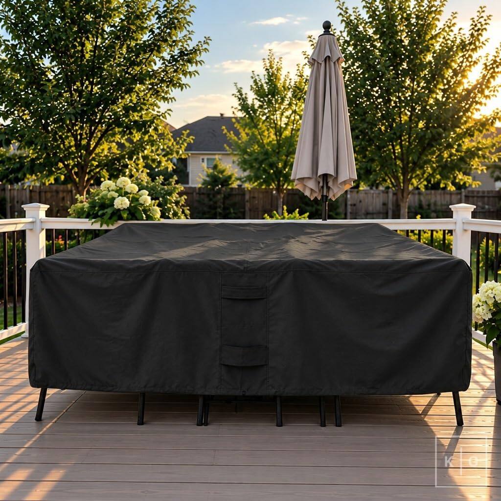 Alt View 3. KHOMO GEAR - Patio Table and Chair Set Cover - Heavy Duty, Water Resistant Outdoor Furniture Cover, Rectangular - 128"L x 82"W x 25"H - Black.