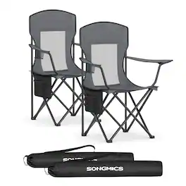 Songmics Home - Breathable Camping Chairs, Foldable Outdoor Chairs Set of 2, High Back, Adjustable Armrests, Drink Holder - Slate Gray