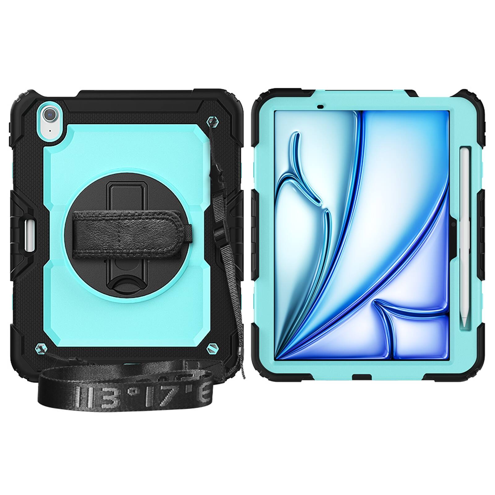 Angle. UUCOVER - Full Body Case for iPad Air 11-inch M4/M3/M2 Shockproof Built-in Screen Protector Stand with Hand/Shoulder Strap Cover - Mint+Black.