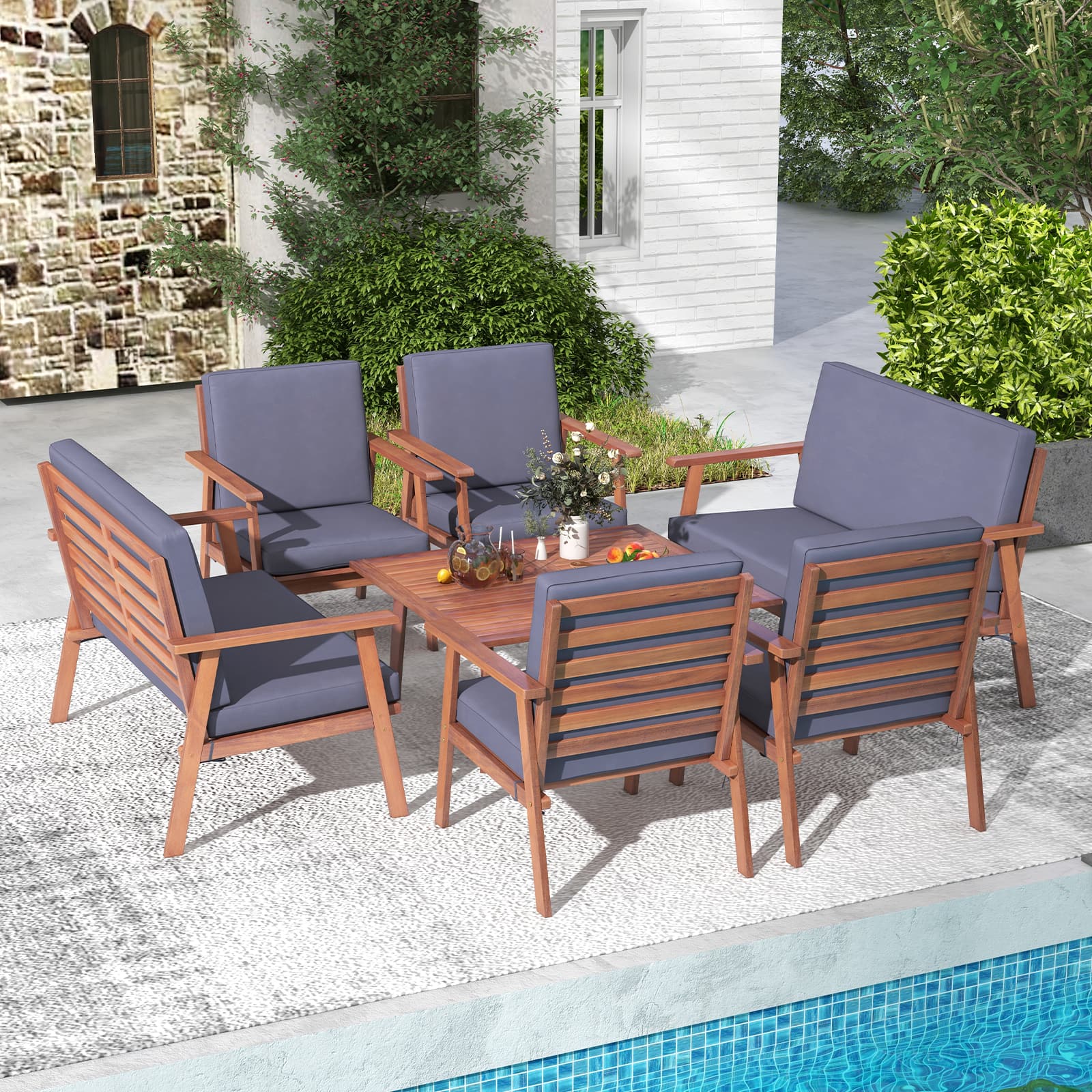 Gymax - 8PCS Conversation Set Acacia Wood Sofa Coffee Table w/ Cushioned Seat Patio - Natural, Gray price history on PriceWatchPro