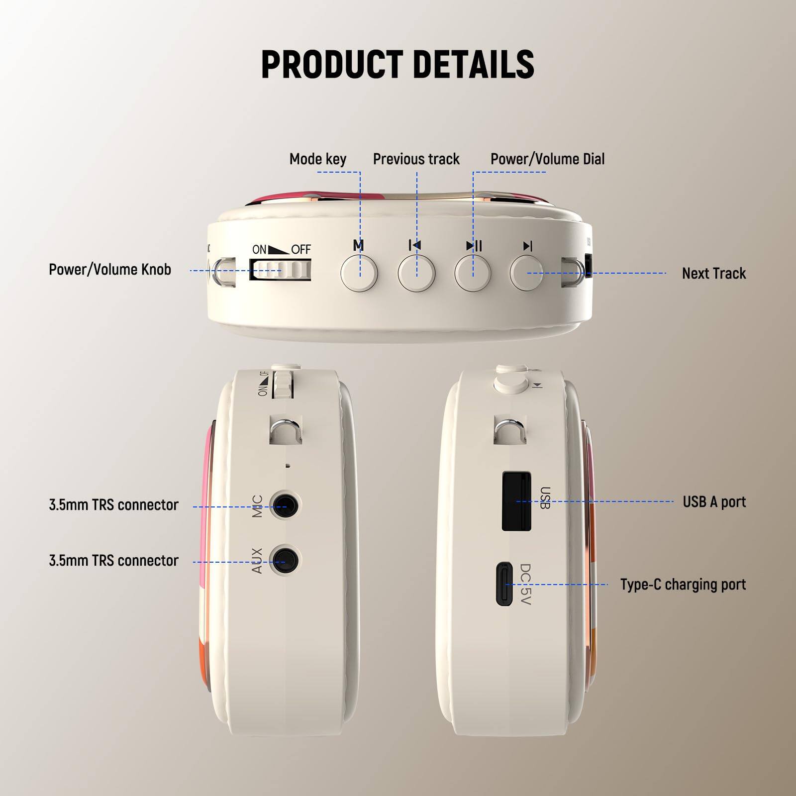 PRODUCT DETAILS

- Mode key
- Previous track
- Power/Volume Dial
- Power/Volume Knob
- ON OFF
- M
- Next Track
- 3.5mm TRS connector
- USB A port
- 3.5mm TRS connector
- AUX
- DC:5V
- Type-C charging port