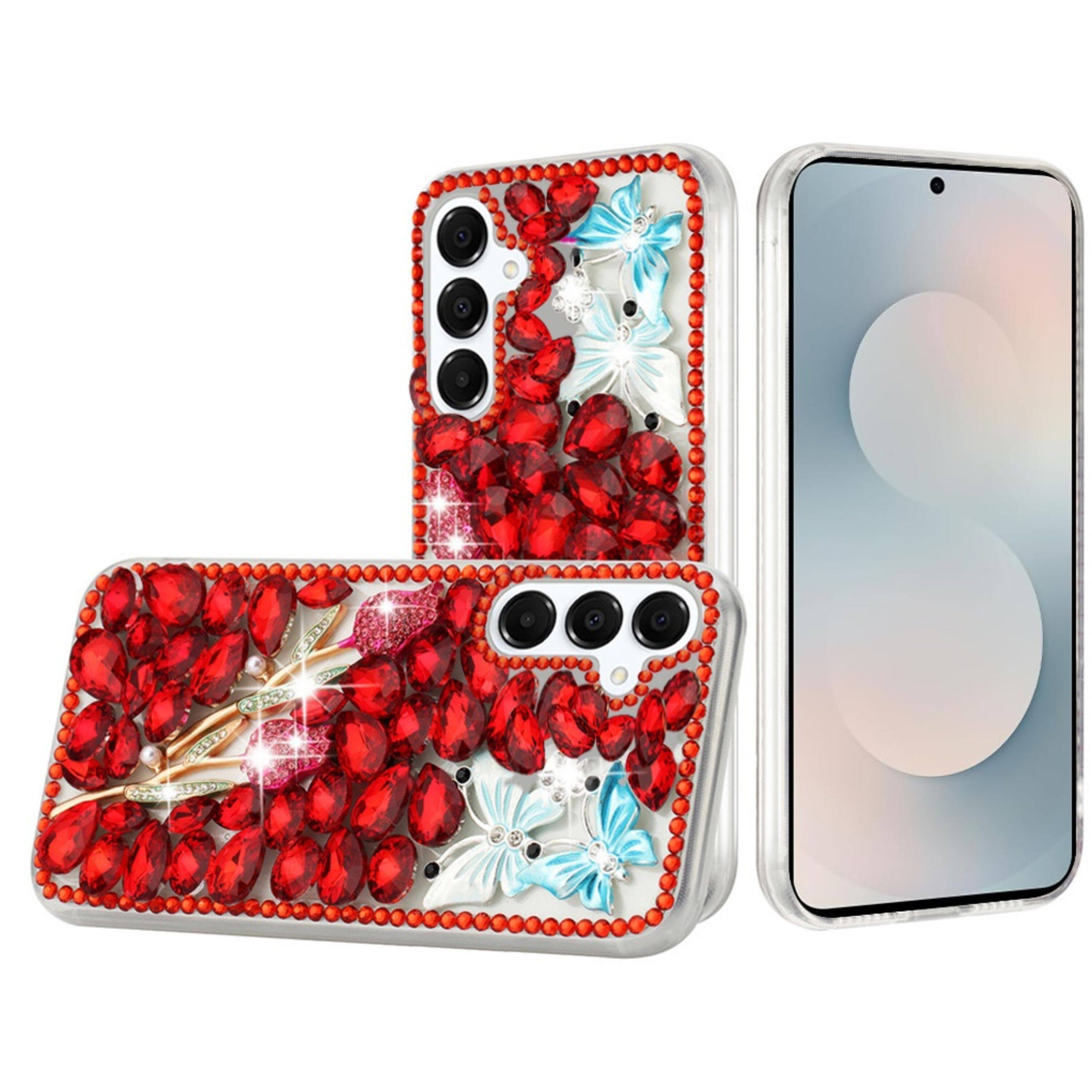 Front. Kitcheniva - Full Diamond Bling 3D Jewel Ornaments Plus Tempered Glass For Samsung S25 FE Red Exquisite Garden - Multicolor.