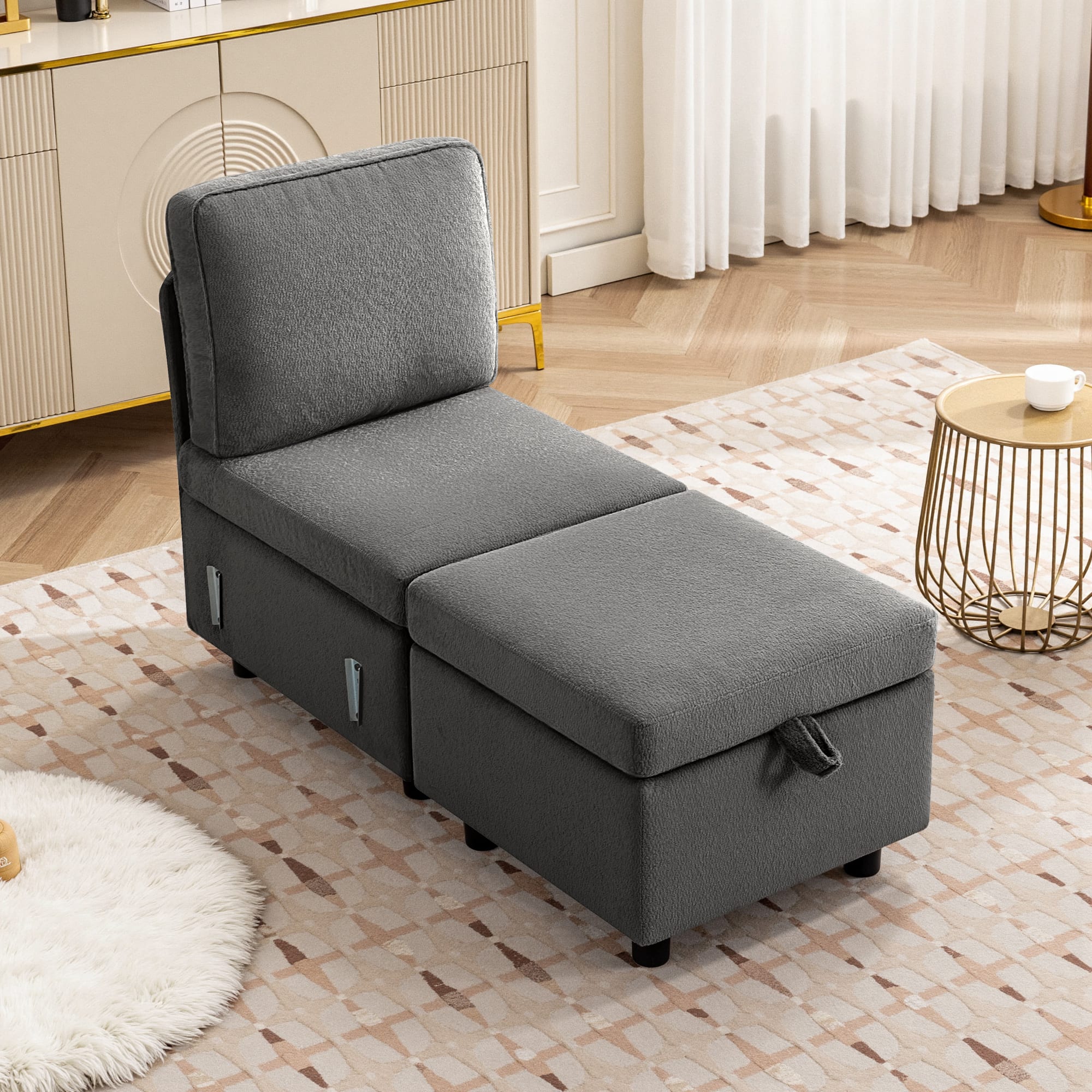 KERDOM - Combined Convertible L-Shape Sofa with Storage Chaise for Living Room, Modular Sectional Sleeper Couch with Pull Out Bed - Grey-D