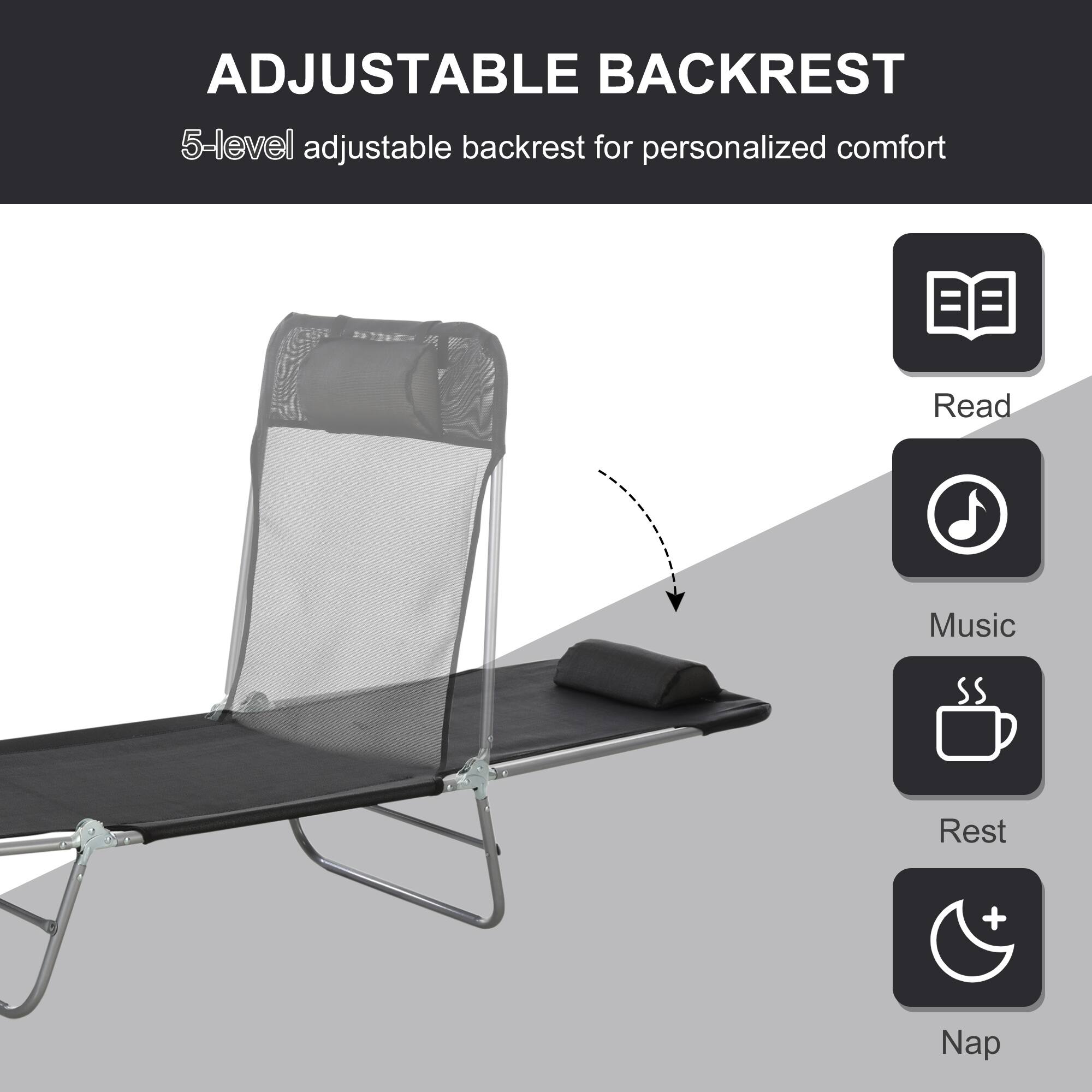 ADJUSTABLE BACKREST 5-level adjustable backrest for personalized comfort

Read
Music
Rest
Nap
