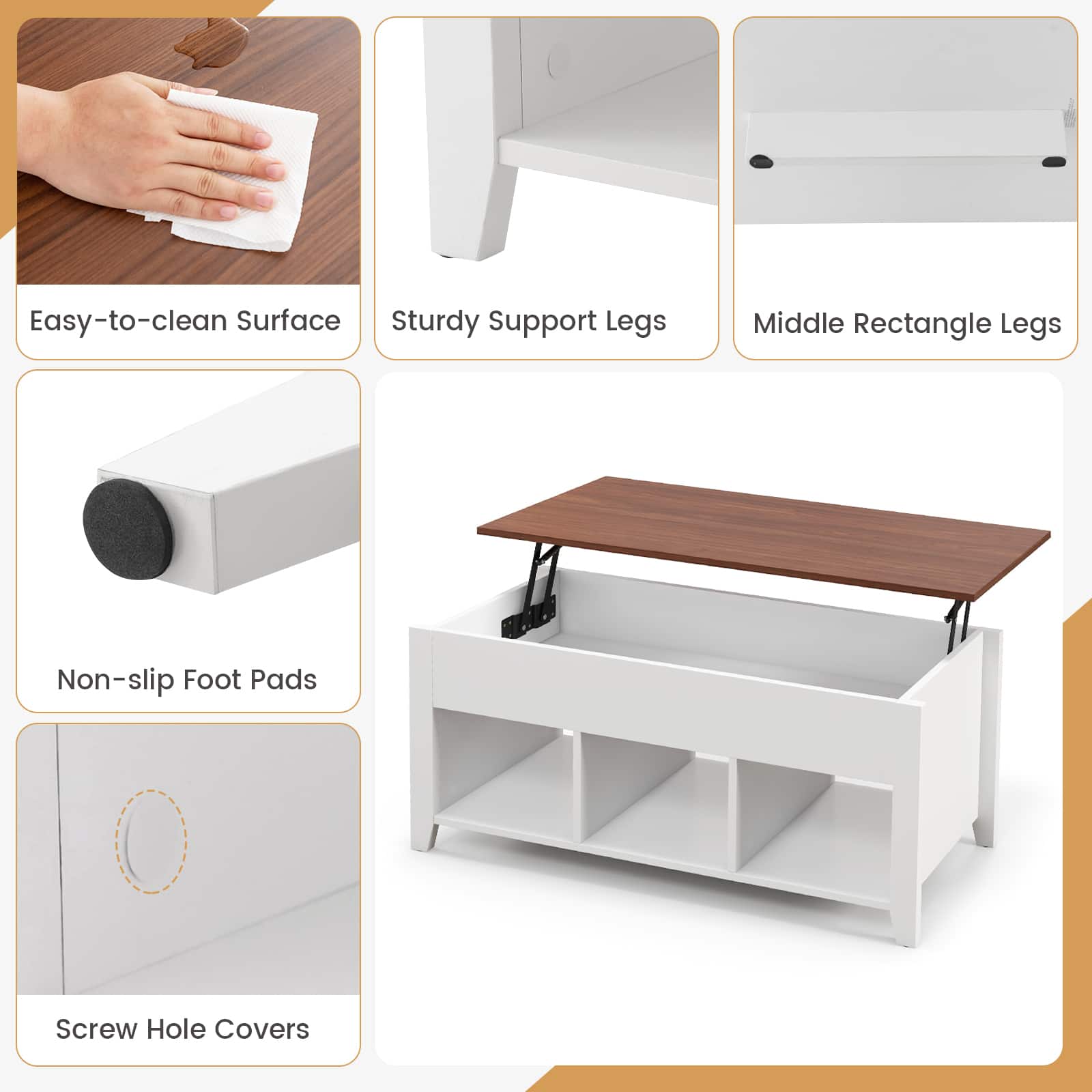 Easy-to-clean Surface Sturdy Support Legs Middle Rectangle Legs Non-slip Foot Pads Screw Hole Covers
