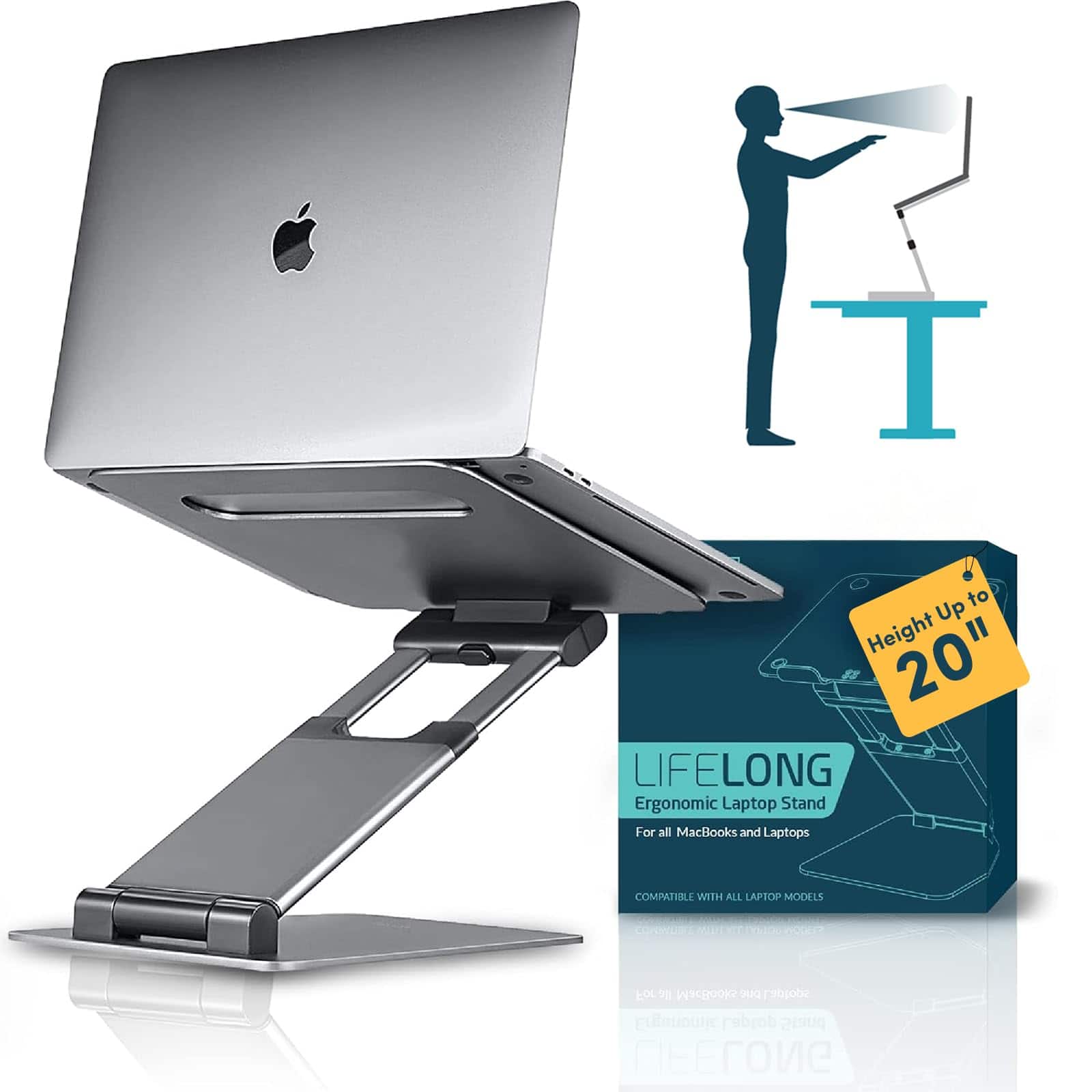 HongFei - Ergonomic Adjustable Laptop Stand for Desk - Height Up to 20" Portable Computer Laptop Riser, Fits All Laptops - 1. Grey