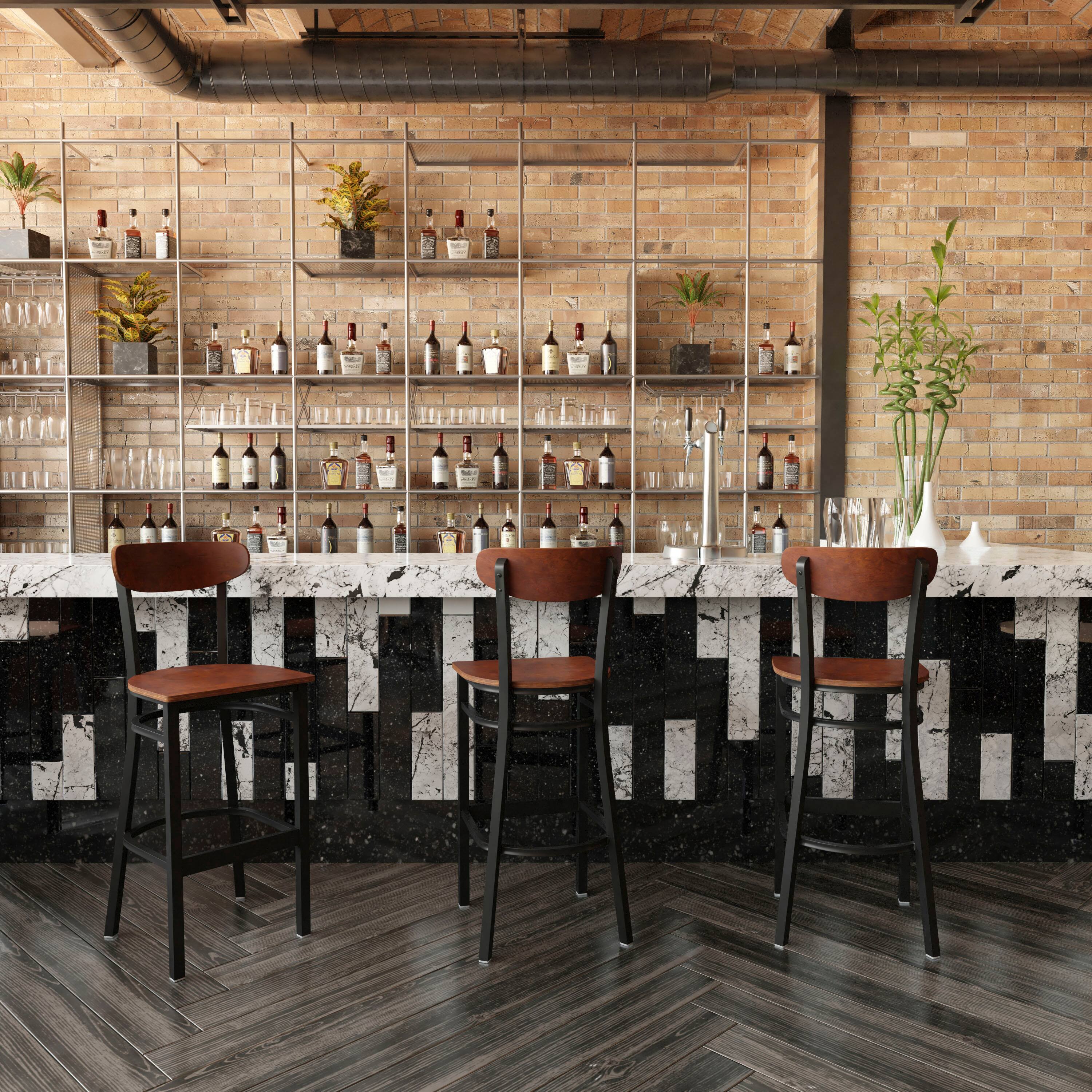 Alt View 1. Flash Furniture - Wright Commercial Grade Barstool with 500 LB. Capacity Black Steel Frame, Solid Wood Seat, and Boomerang Back, Walnut Fi - Brown.