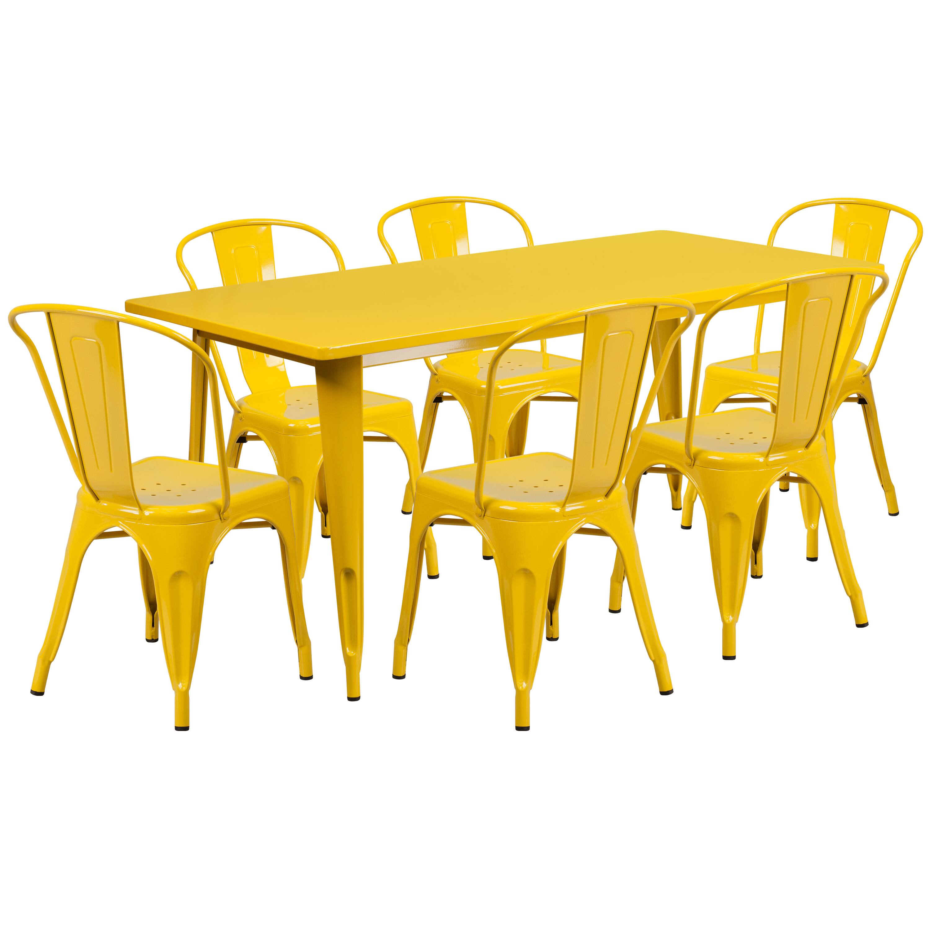 Alt View 1. Emma + Oliver - Commercial Grade Rectangular Metal Indoor-Outdoor Table Set with 6 Stack Chairs - Yellow.