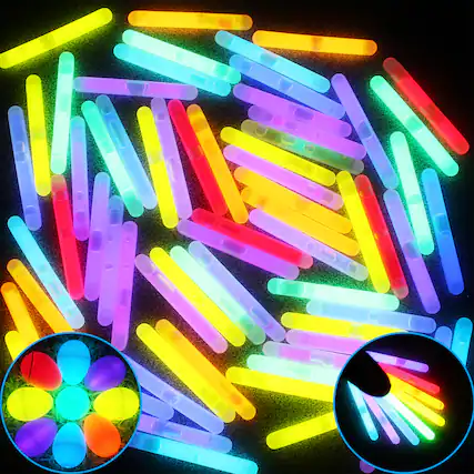 Front. Joyfy - 200 Pack Mini Glow Sticks (1.7"), 8 Colors Small Glow in Dark for Easter Basket Stuffers Party Favors - Red, Pink, Orange, Green, Sky Blue, Blue, Purple.