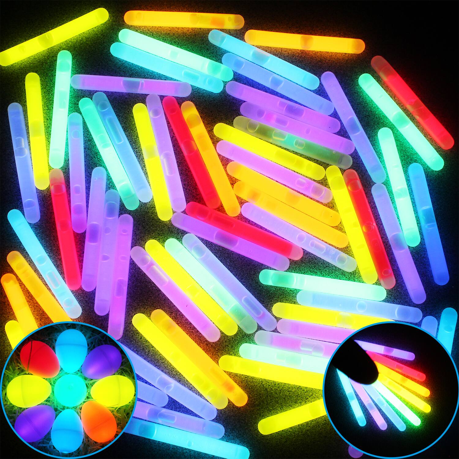 Front. Joyfy - 200 Pack Mini Glow Sticks (1.7"), 8 Colors Small Glow in Dark for Easter Basket Stuffers Party Favors - Red, Pink, Orange, Green, Sky Blue, Blue, Purple.