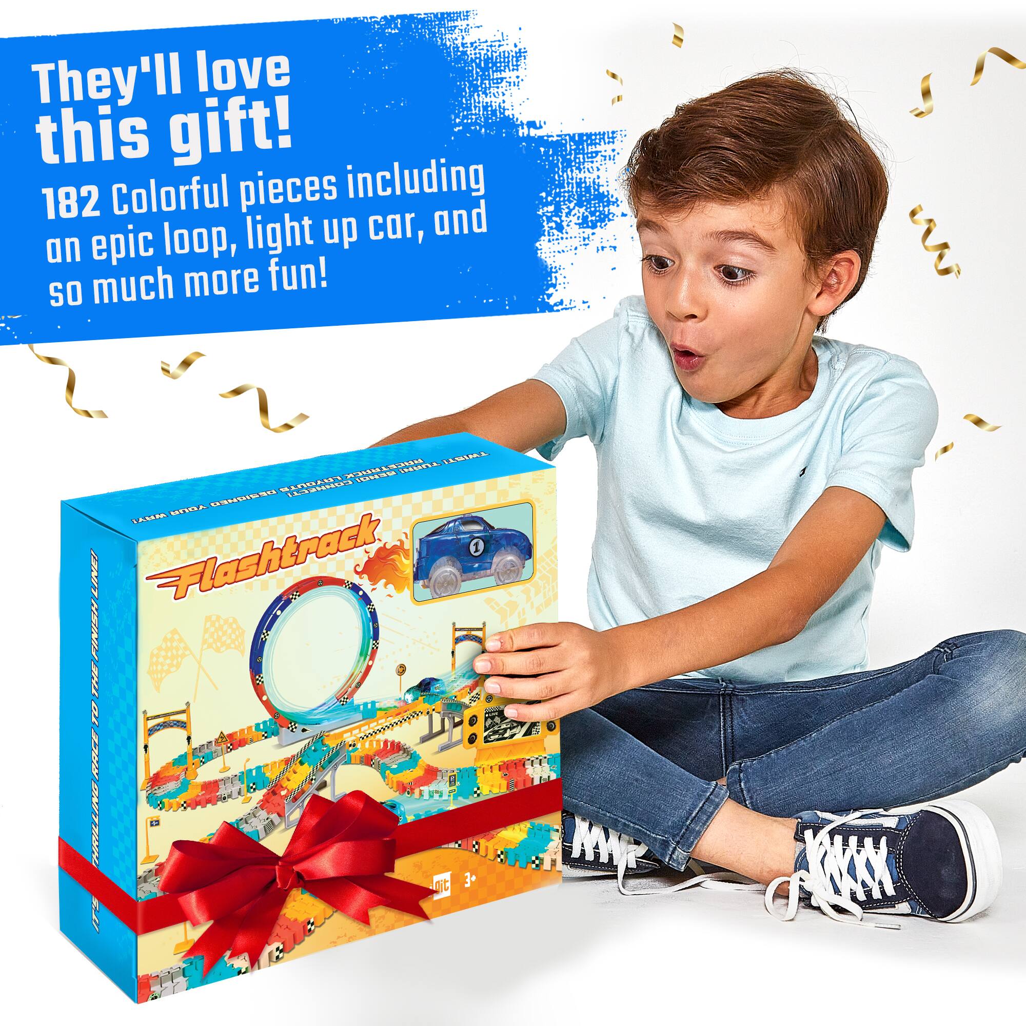 They'll love this gift!  
182 colorful pieces including an epic loop, light up car, and so much more fun!  

Flashtrack  
Flash the Track  
3+