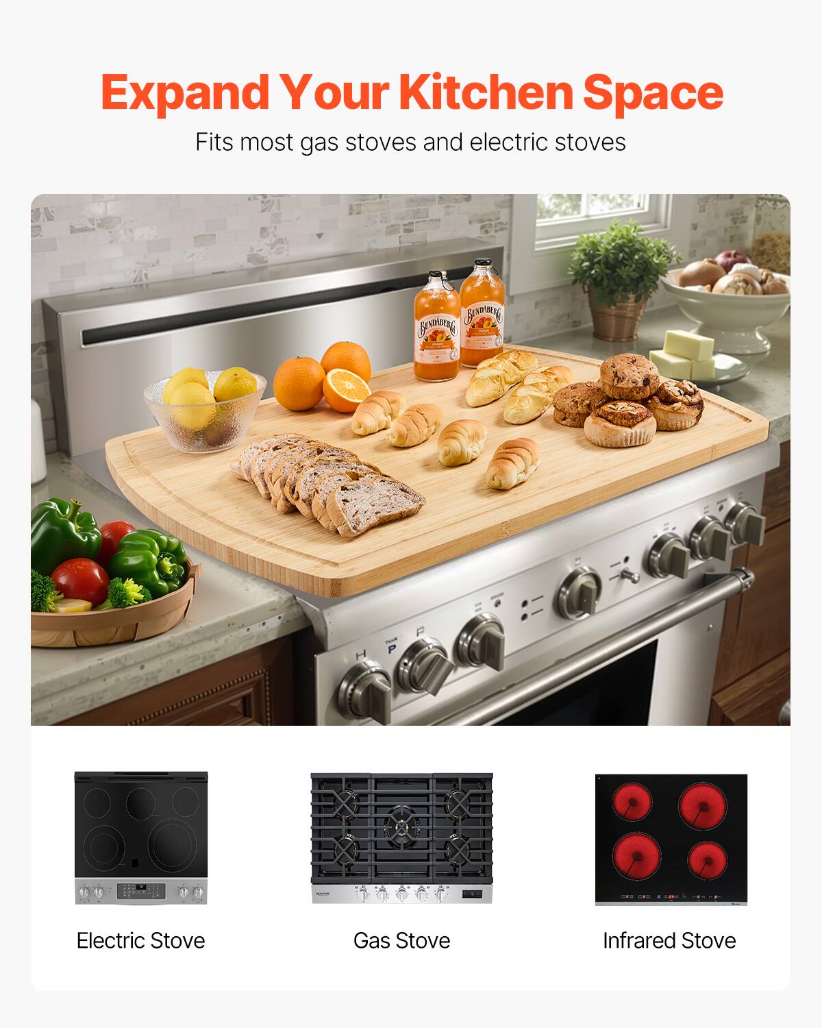 Expand Your Kitchen Space  
Fits most gas stoves and electric stoves  

Electric Stove  
Gas Stove  
Infrared Stove