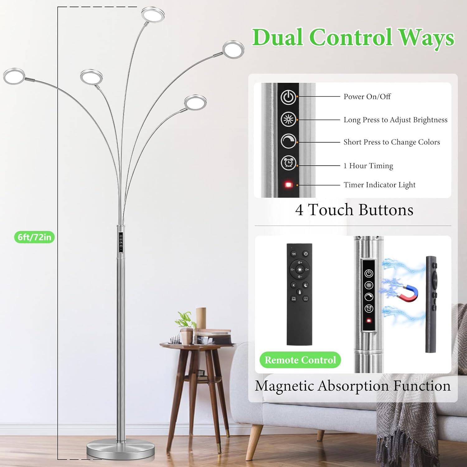 Dual Control Ways

- Power On/Off
- Long Press to Adjust Brightness
- Short Press to Change Colors
- 1 Hour Timing
- Timer Indicator Light

4 Touch Buttons

6ft/72in

Remote Control

Magnetic Absorption Function