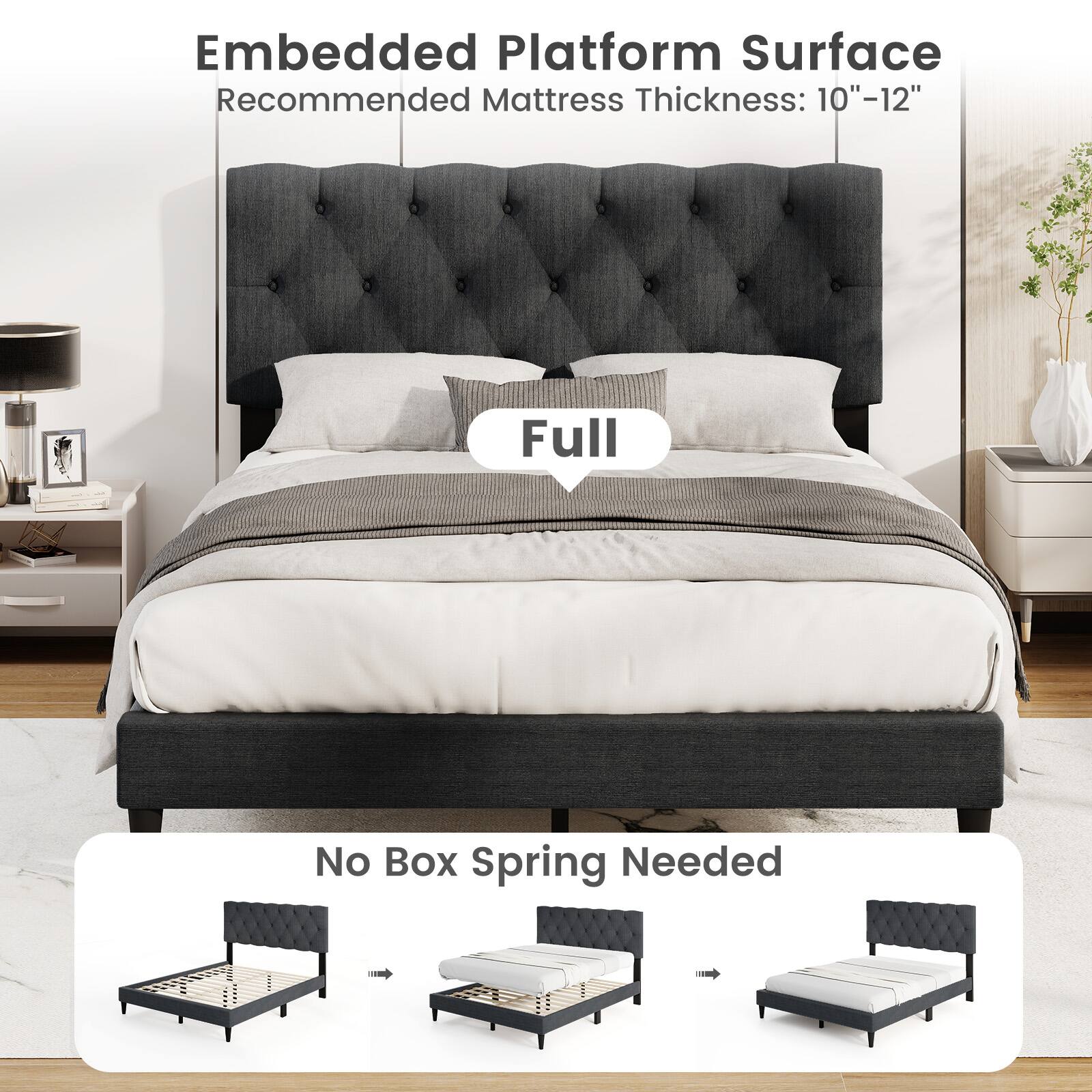 Embedded Platform Surface  
Recommended Mattress Thickness: 10"-12"  
Full  
No Box Spring Needed