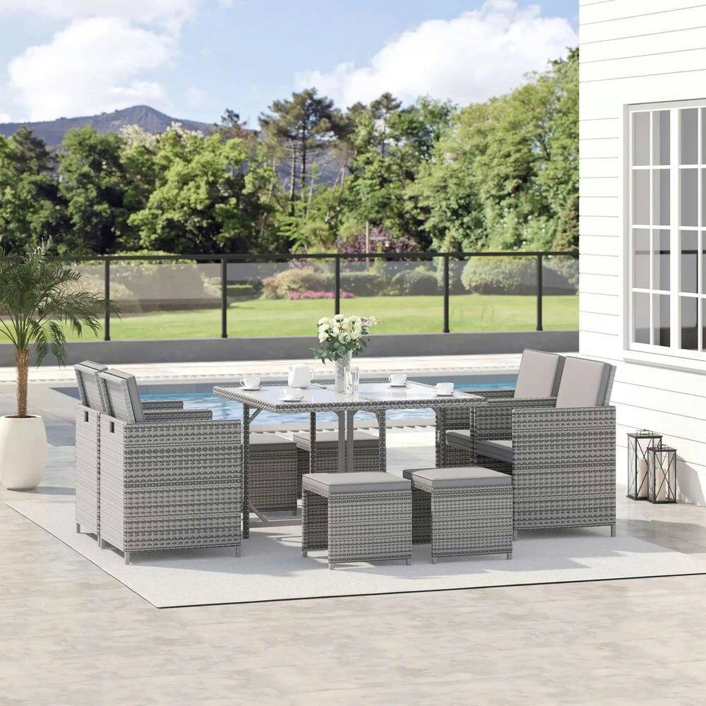 Alt View 7. Resenkos - Resenkos 9 Piece Outdoor Rattan Wicker Dining Table and Chairs Furniture Set, Cushions, Light Gray And Dark Gray - Light Gray/Dark Gray.