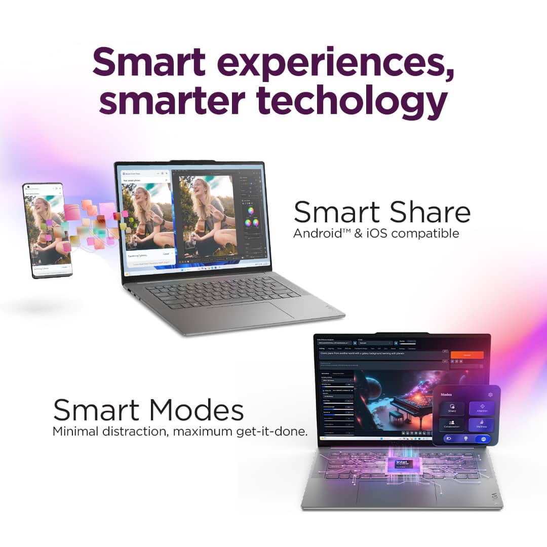 Smart Experiences, Smarter Technology
Smart Share: Android & iOS compatible
Smart Modes: Minimal distraction, maximum get-it-done.