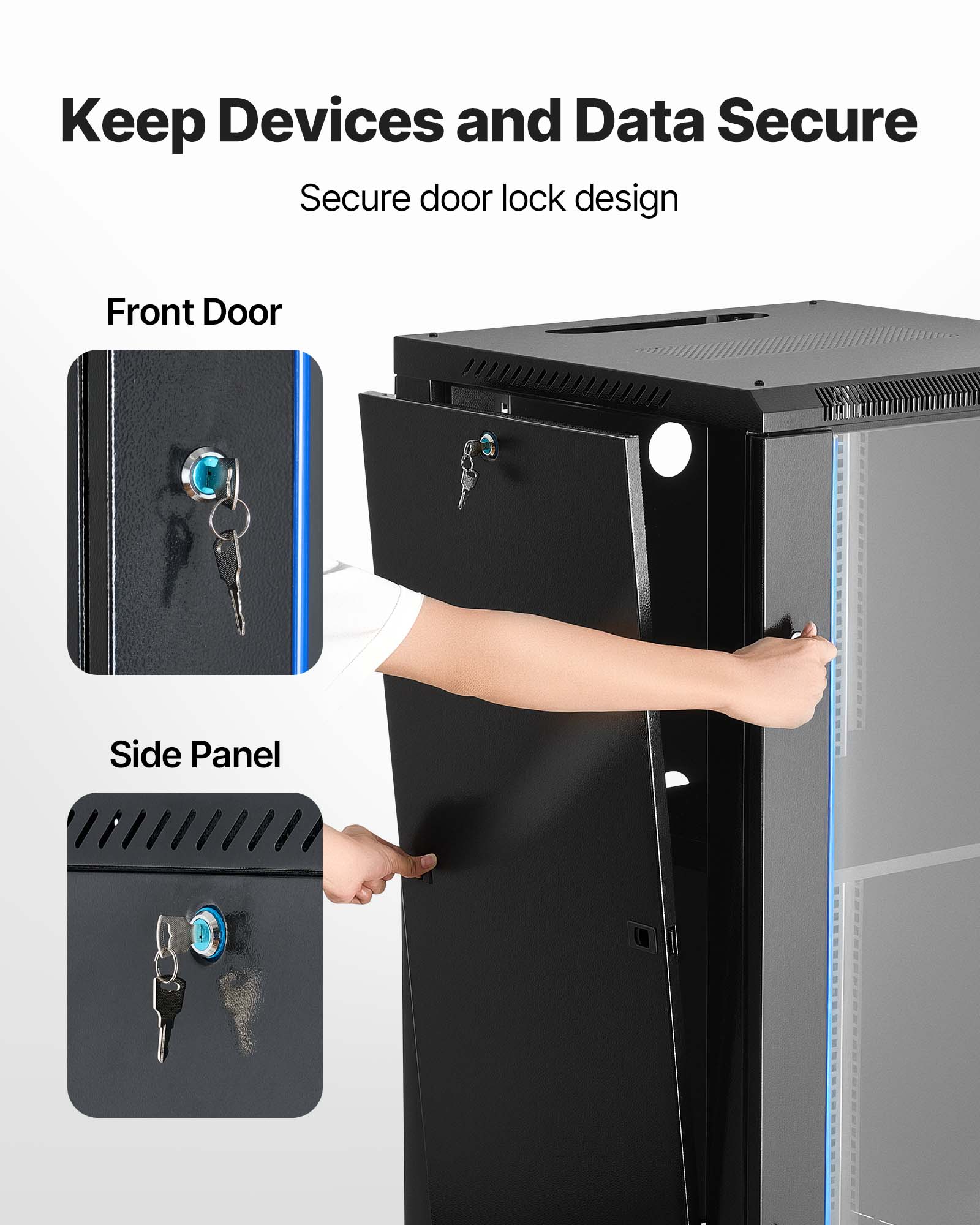 Keep Devices and Data Secure  
Secure door lock design  

Front Door  

Side Panel