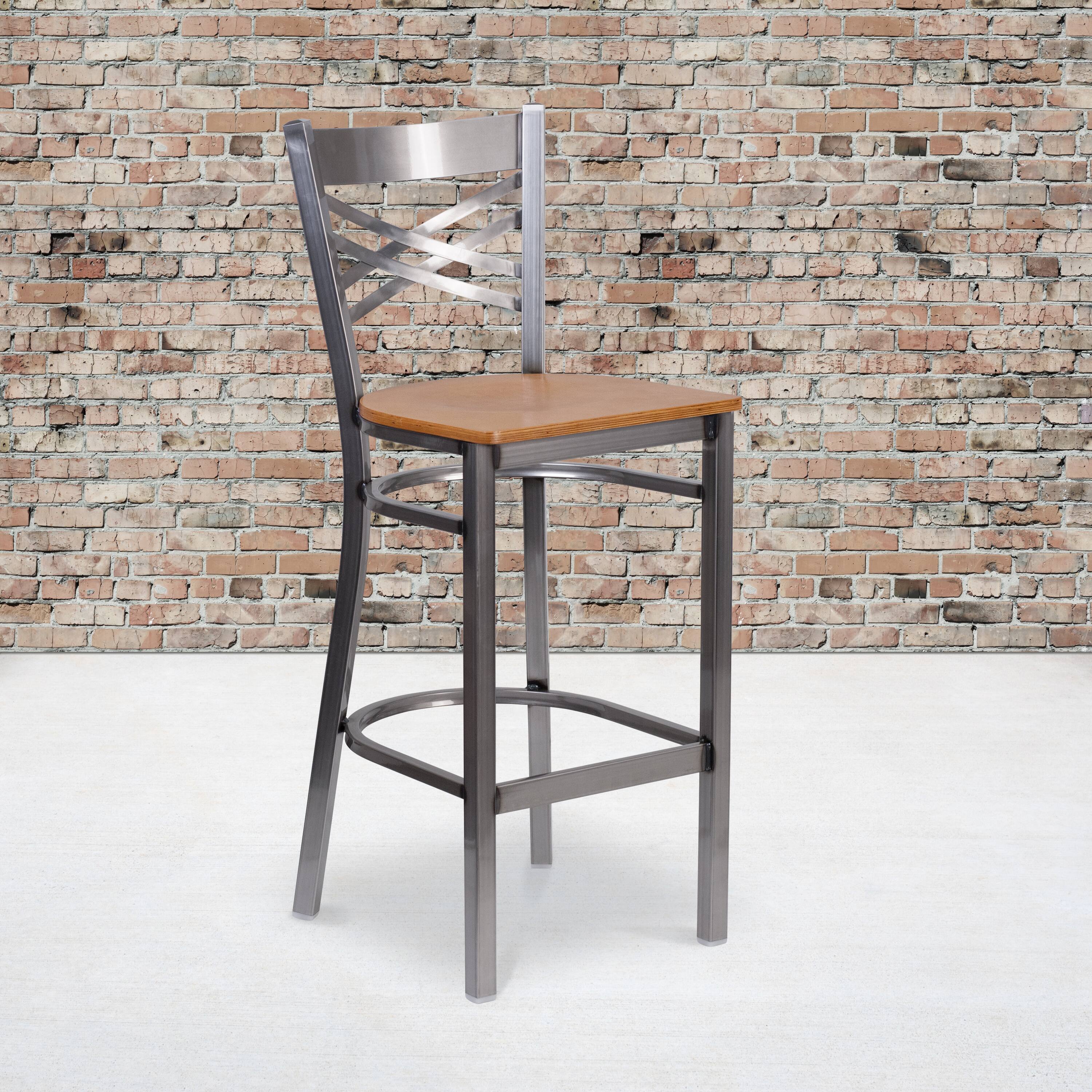 Alt View 2. Emma + Oliver - 2 Pack Clear Coated "X" Back Metal Restaurant Barstool - Natural Wood Seat/Clear Coated Metal Frame.