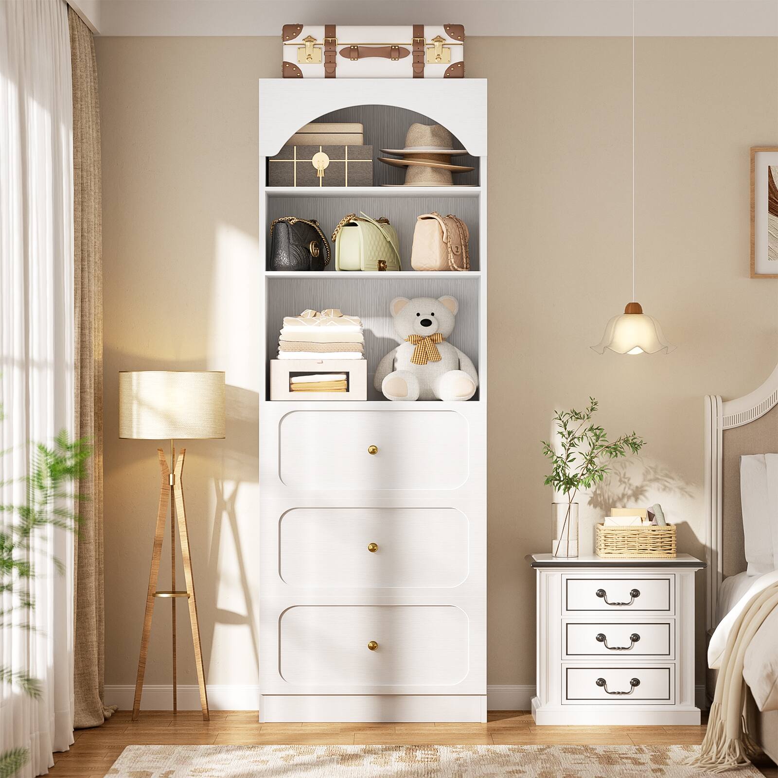 Back. Aheaplus - 80"Tall Arched Bookcase with 3 Drawers & 3-Tier Open Shelves – Wooden Storage Cabinet for Living Room, Kitchen - White.