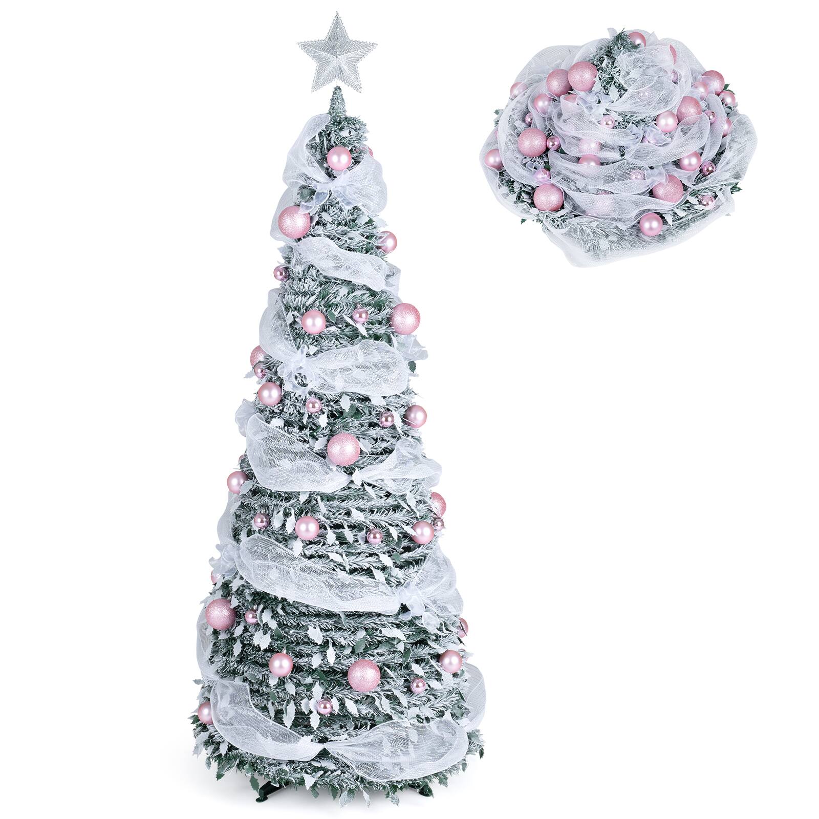Alt View 9. Costway - Costway 6 ft Pop Up Flocked Christmas Tree with 55 Xmas Balls 150 Pre-Lit LED Lights Ribbon - Green & White.