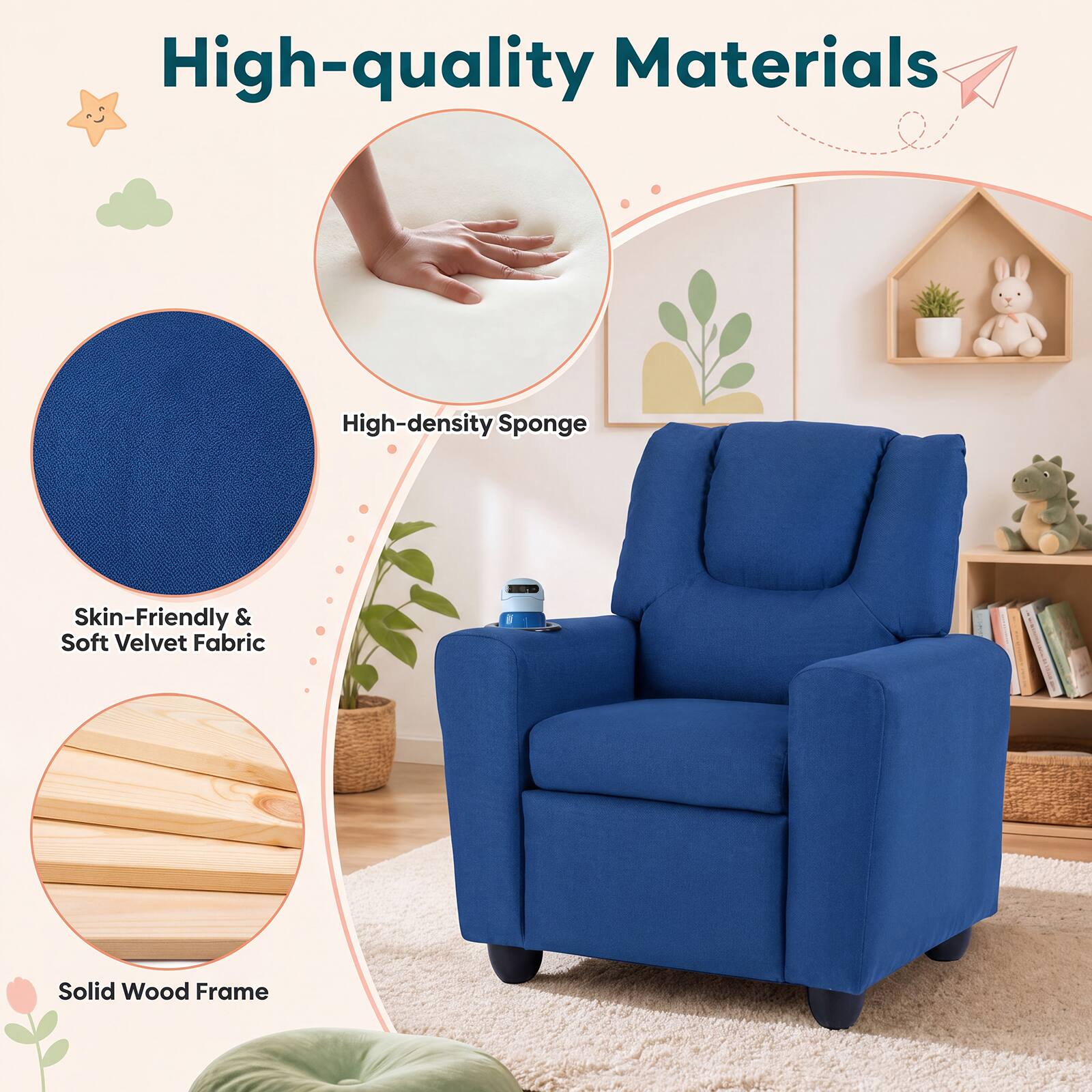 High-quality Materials
High-density Sponge
Skin-Friendly & Soft Velvet Fabric
Solid Wood Frame