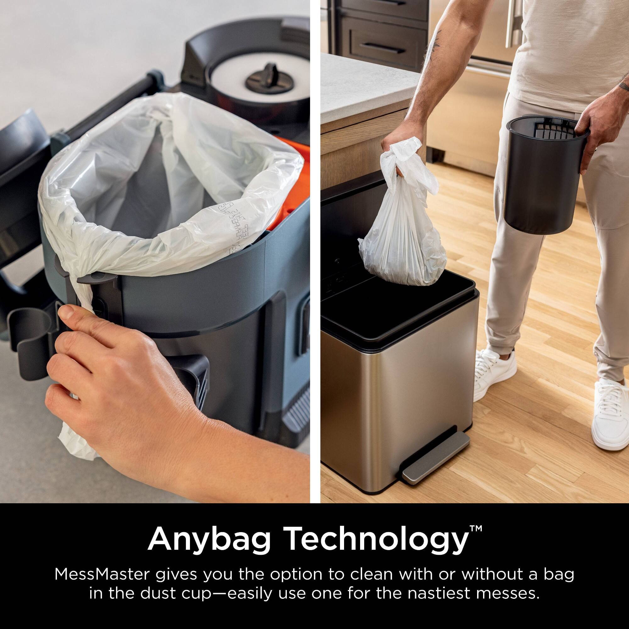 Anybag Technology MessMaster gives you the option to clean with or without a bag in the dust cup-easily use one for the nastiest messes.