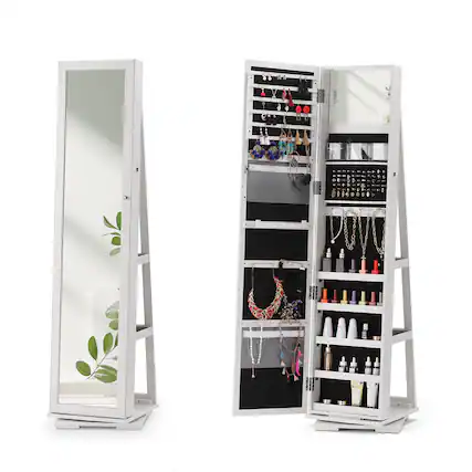 Front. Oumilen - 360° Rotating Jewelry Armoire with Full-Length Mirror, White.
