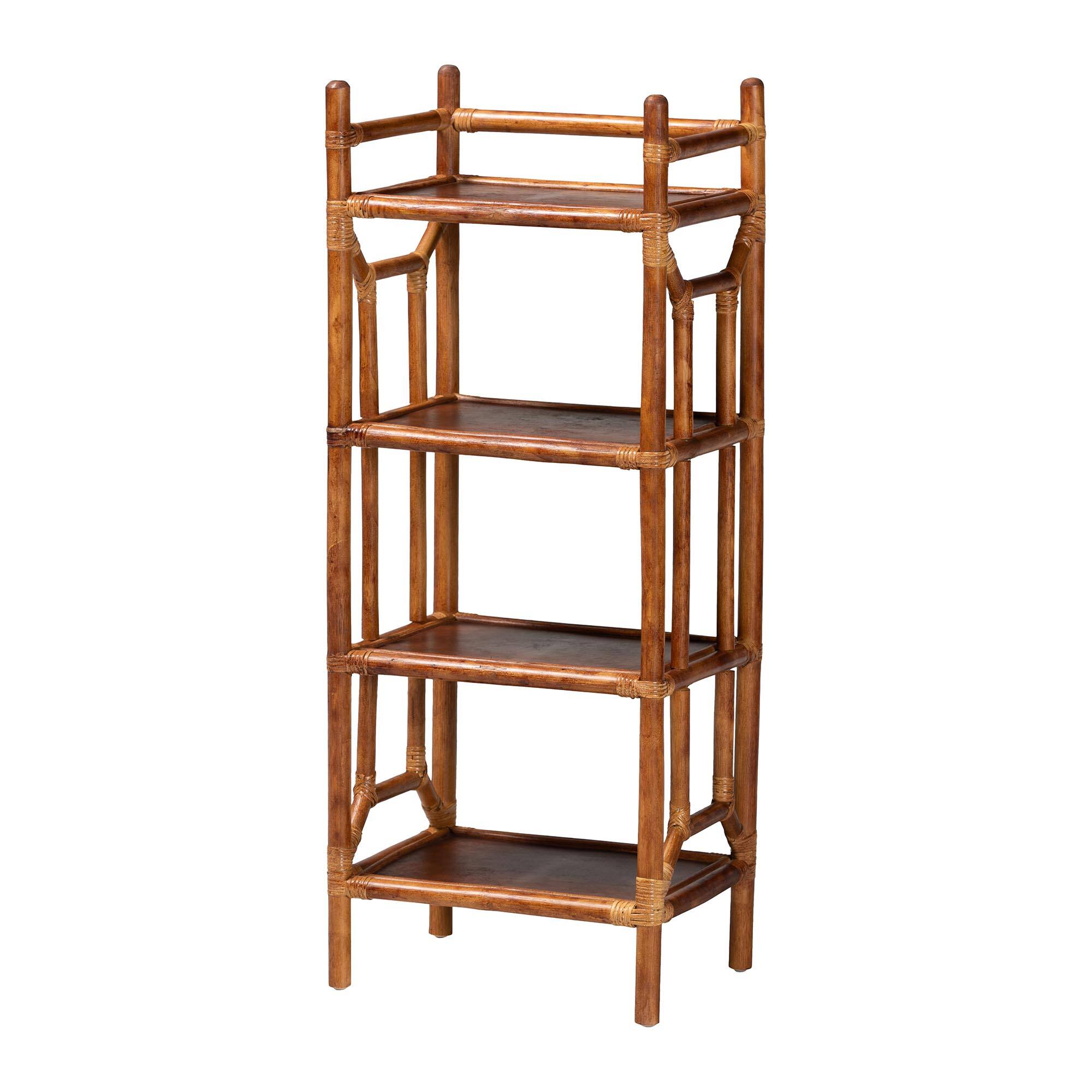 Front. bali & pari - Basile Marbled Tortoise Natural Rattan Display Shelf - 4-Tier Handcrafted Wicker Etagere, Tropical Vertical Bookcase - Marbled Tortoise Brown.