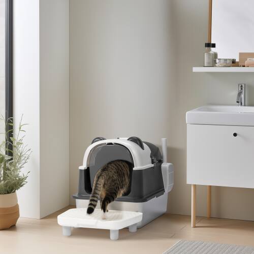 Alt View 7. Winado - 23in Cat Litter Box Panda Shape with Plastic Foot Pad,Shovel,PP Snap-on for Indoor - Black & White.