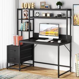 Tribesigns - Office Computer Desk with Metal Frame, Storage Drawers, for Computer Work, Writing and Study in Home Offices - Black