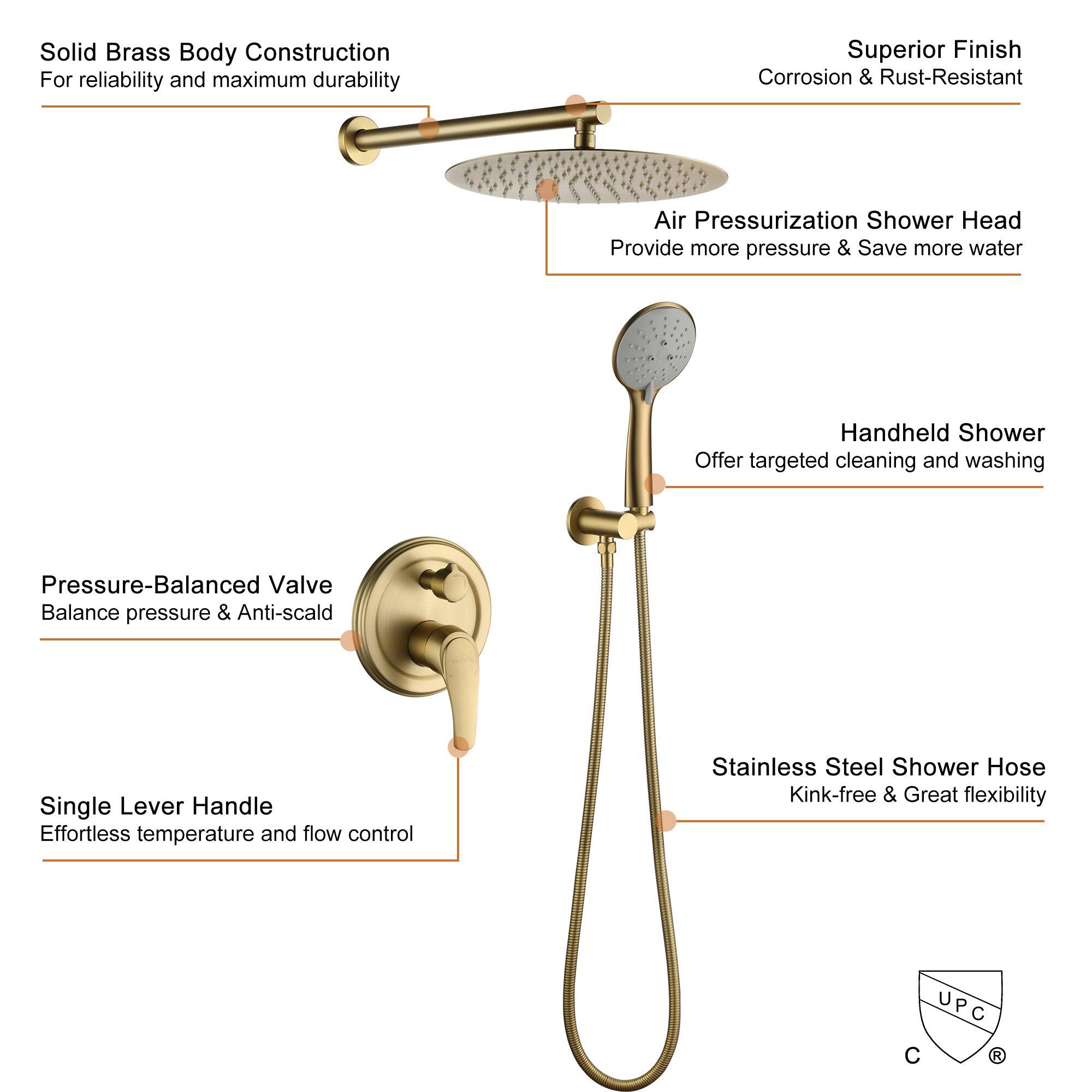 Solid Brass Body Construction, Superior Finish, Air Pressurization Shower Head, Handheld Shower, Pressure-Balanced Valve, Single Lever Handle, Stainless Steel Shower Hose