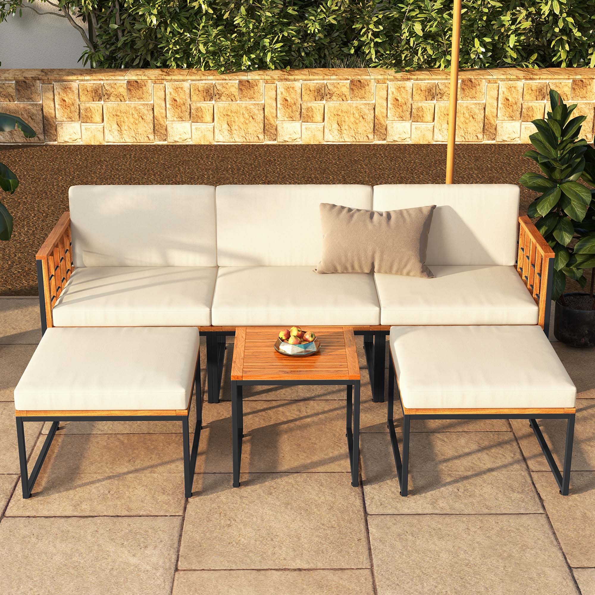 Alt View 4. Costway - 6 PCS Acacia Wood Patio Furniture Set Outdoor Sectional Conversation Sofa Set - Natural + Black + Beige.