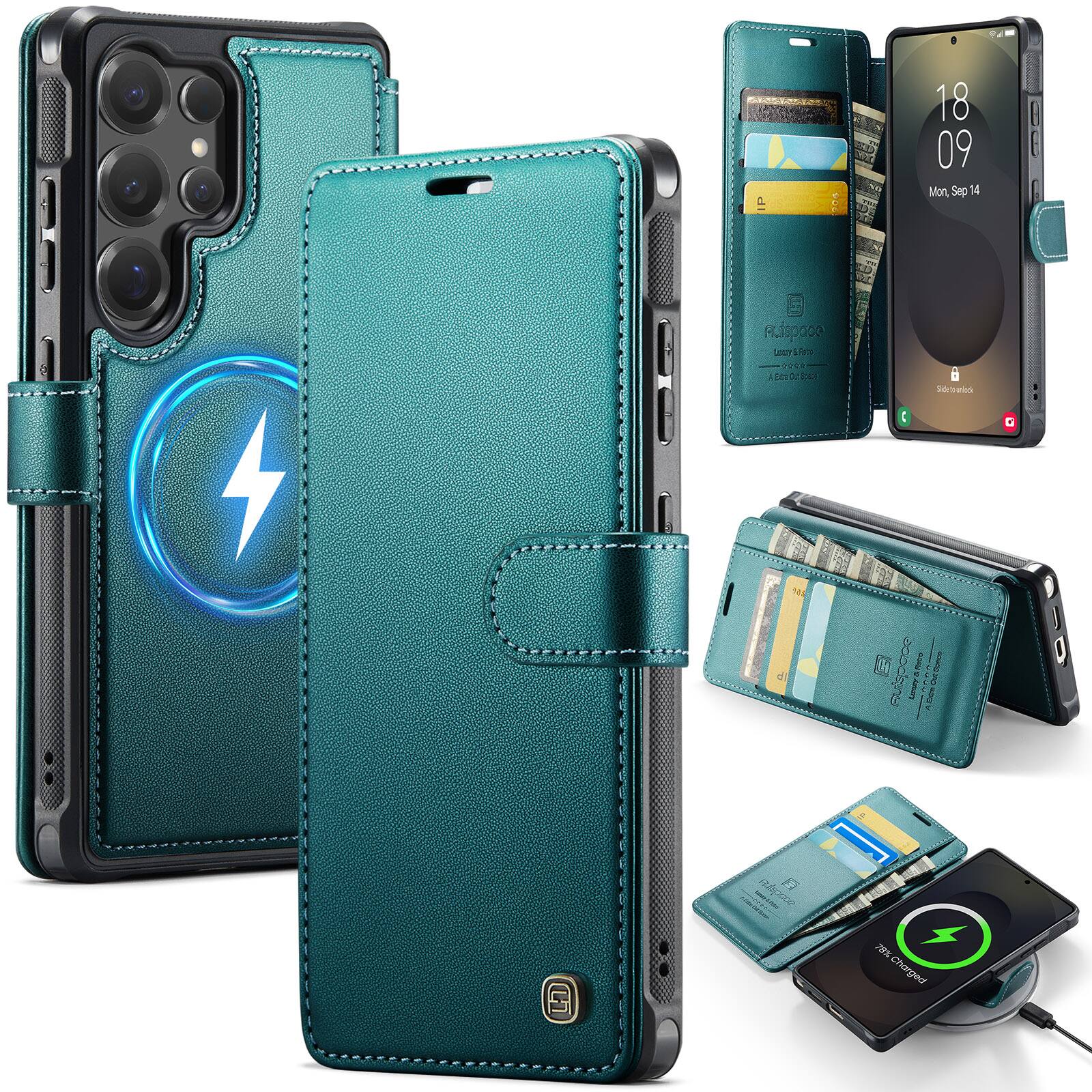 Dteck - Wallet Case for Samsung Galaxy S24 Ultra, Compatible with MagSafe, PU Leather Flip RFID Blocking Card Holder Cover - Green