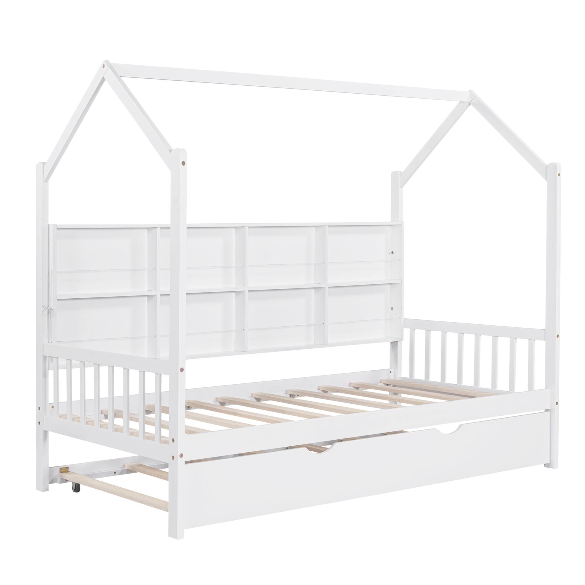 Alt View 7. GOODSILO - Wooden Twin Size Playhouse Bed with Trundle and Storage Shelf for Kids, Sturdy and Space-Saving Design - White.