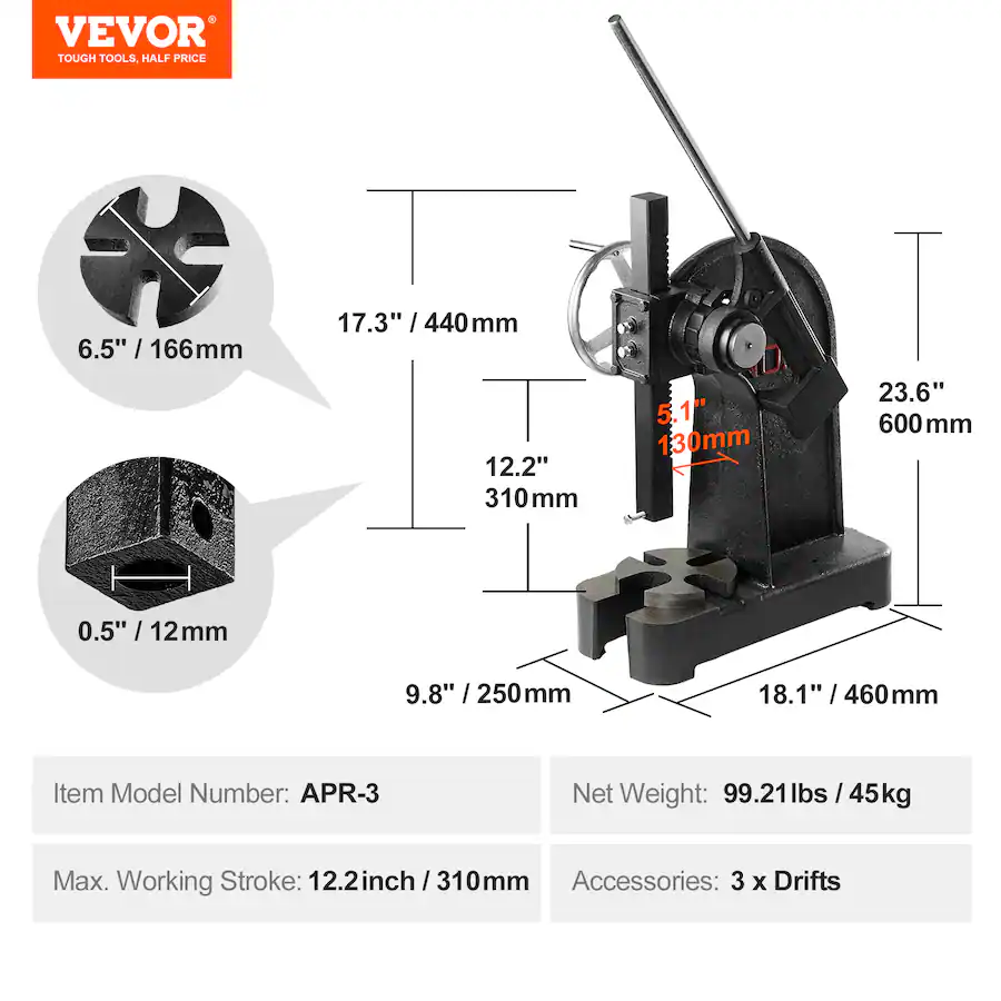 Best Ratchets VEVOR Arbor Press, 3 Ton Ratchet Type Arbor Press, Ratchet Leverage ...