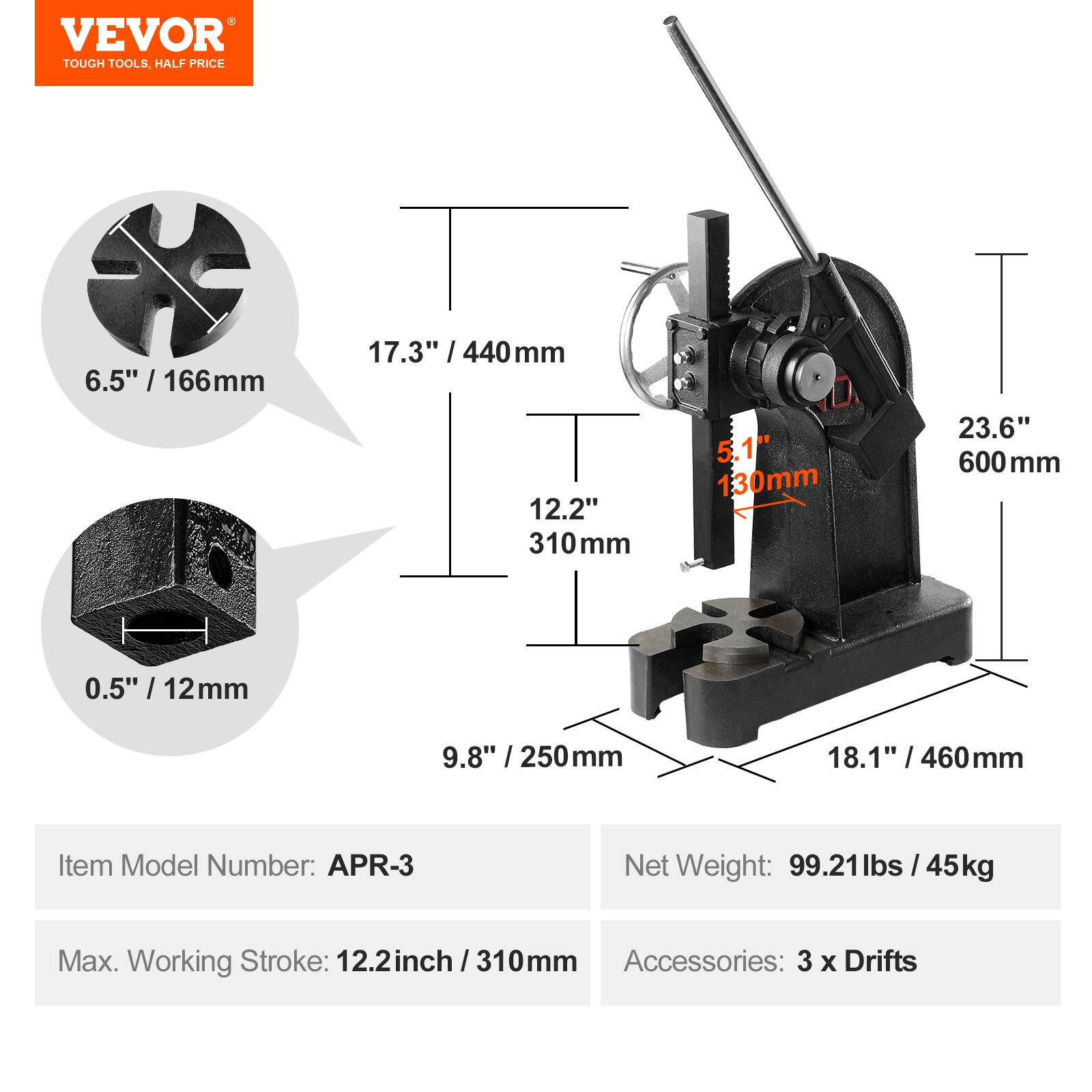 VEVOR Arbor Press, 3 Ton Ratchet Type Arbor Press, Ratchet Leverage ...