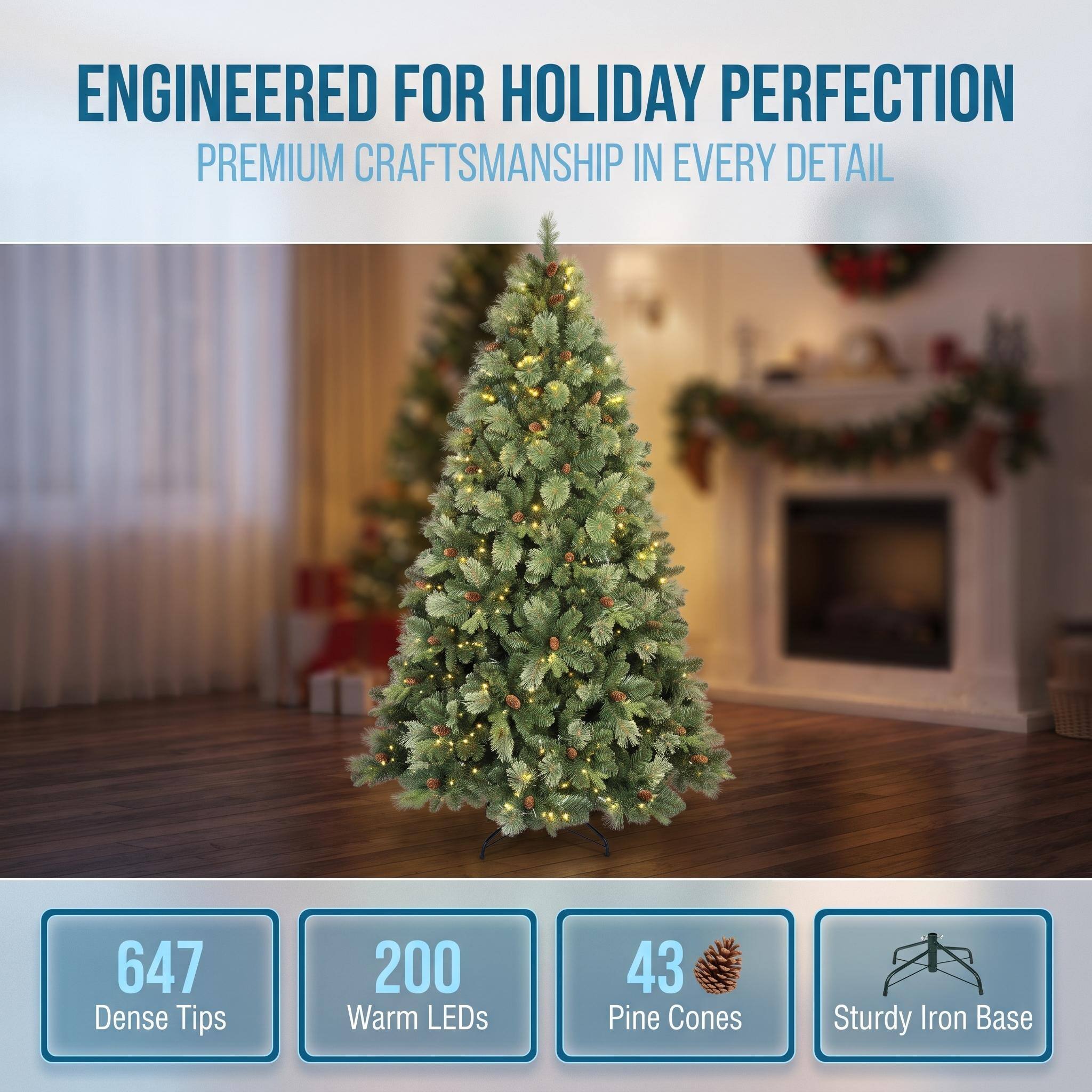 ENGINEERED FOR HOLIDAY PERFECTION  
PREMIUM CRAFTSMANSHIP IN EVERY DETAIL

647 Dense Tips  
200 Warm LEDs  
43 Pine Cones  
Sturdy Iron Base