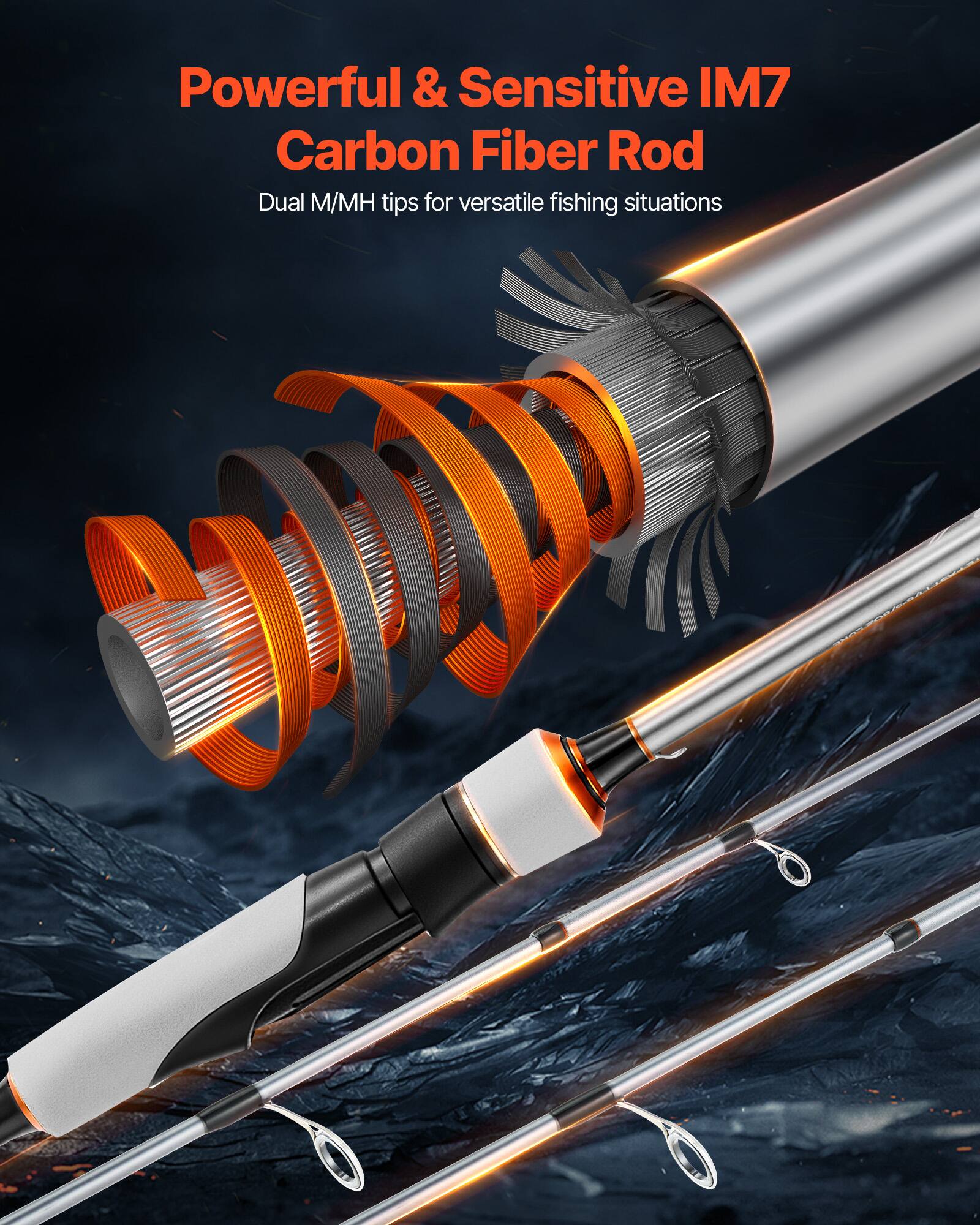 Powerful & Sensitive IM7 Carbon Fiber Rod  
Dual M/MH tips for versatile fishing situations